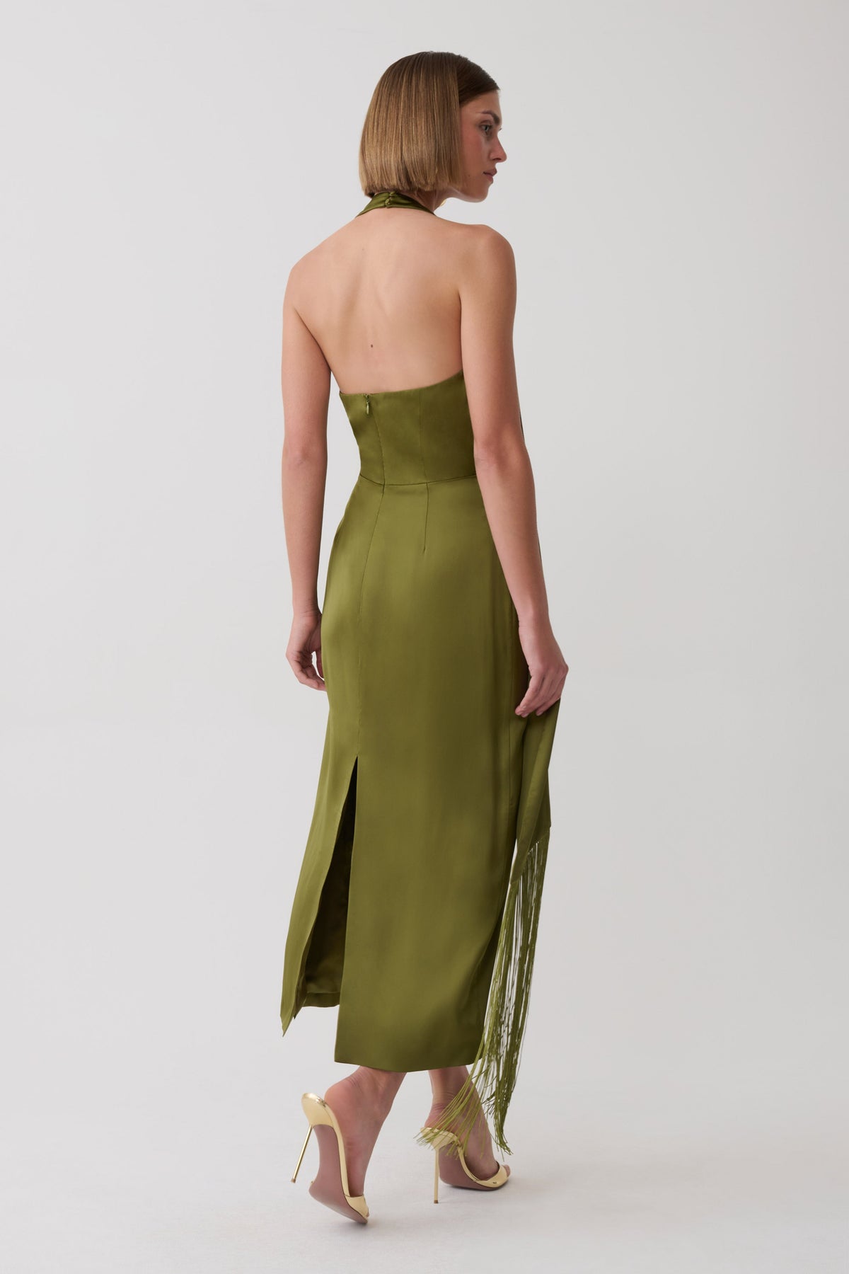 Keena Satin Midi Dress With Fringe Scarf - Olive #4
