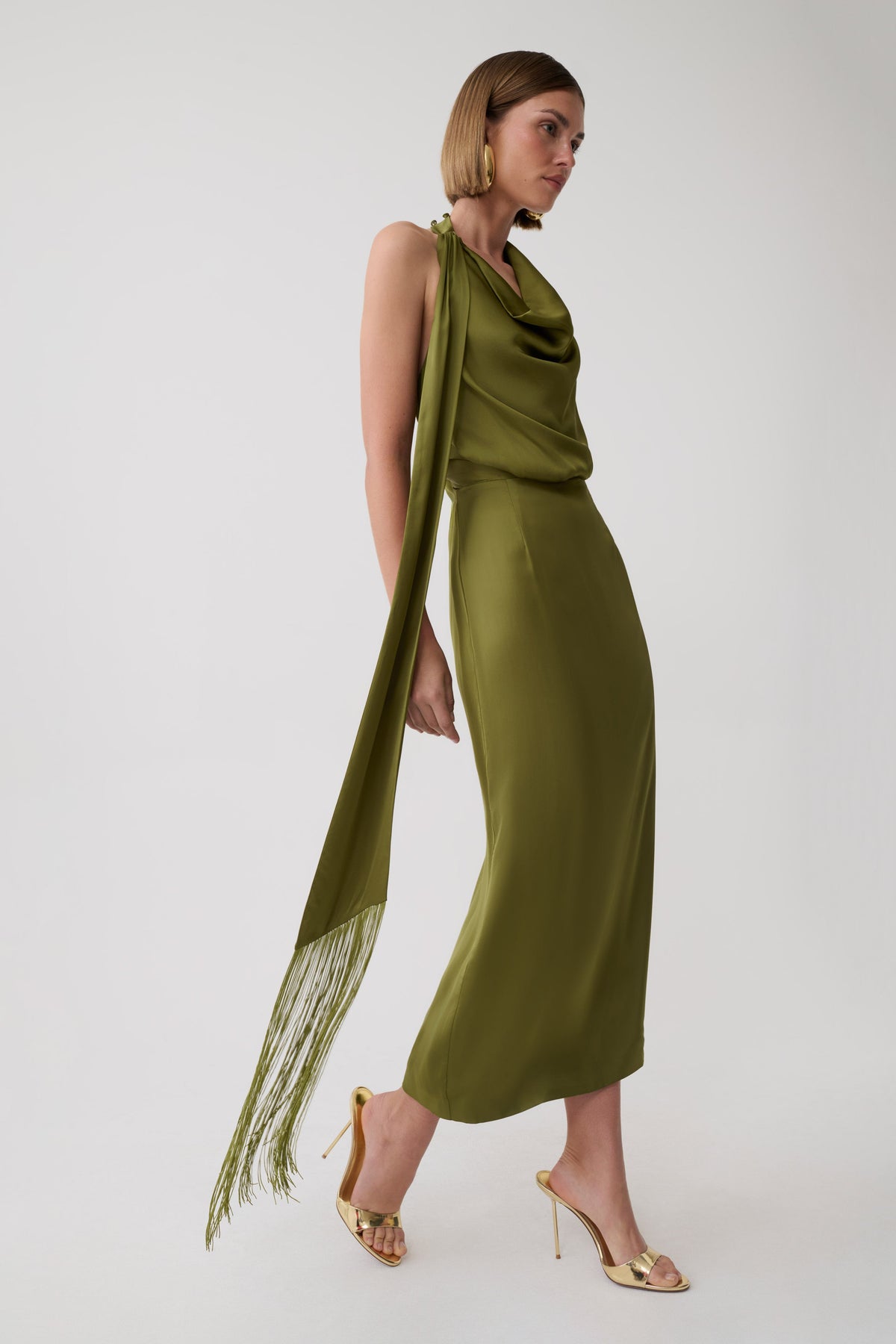 Keena Satin Midi Dress With Fringe Scarf - Olive #2