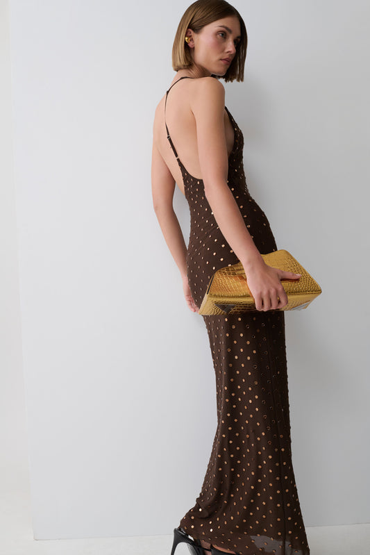 Valentine Diamante Maxi Dress - Chocolate