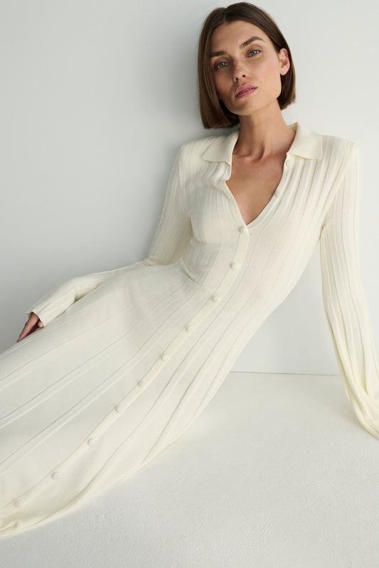 Maddie Long Sleeve Knit Midi Dress - Ivory