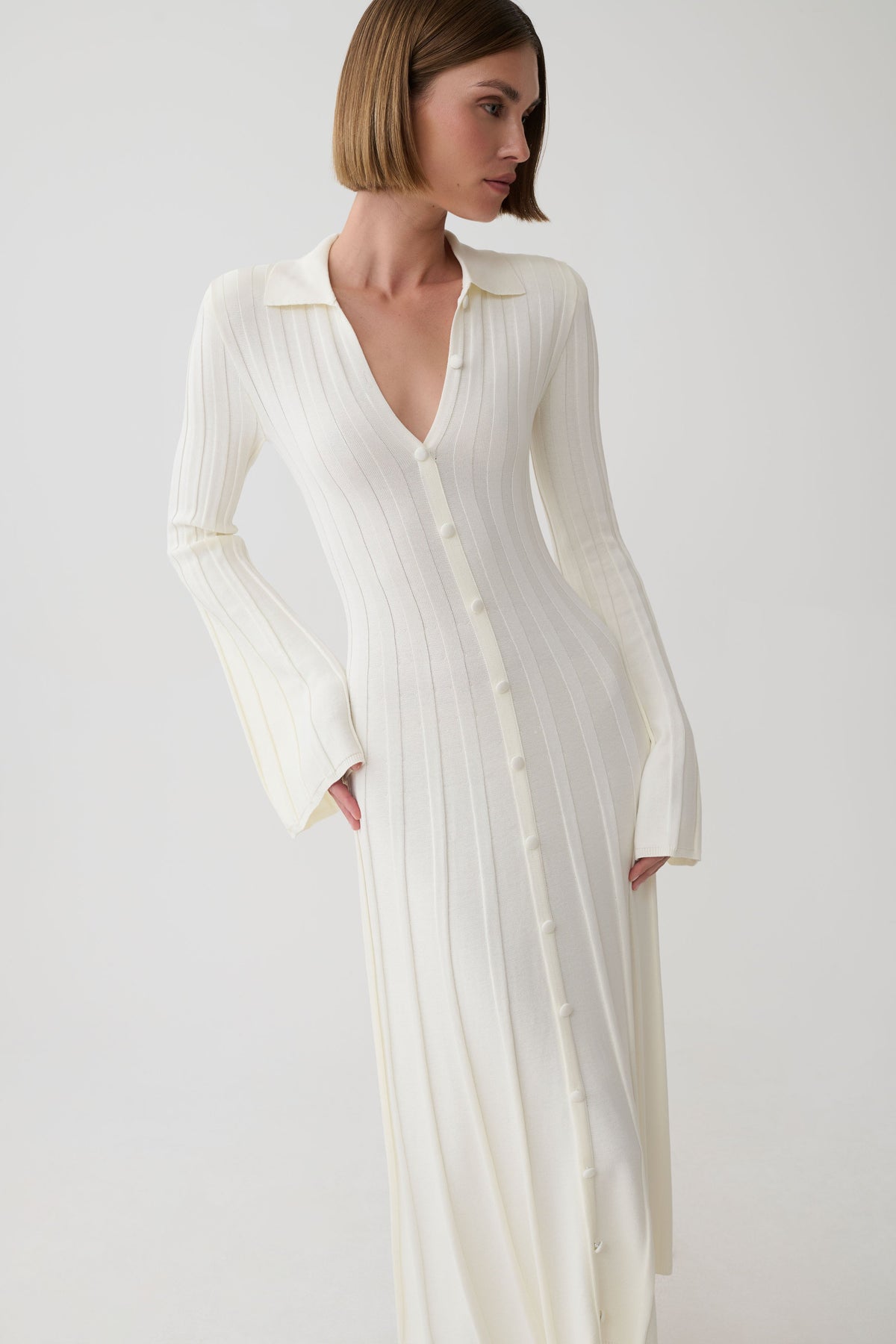 Maddie Long Sleeve Knit Midi Dress - Ivory
