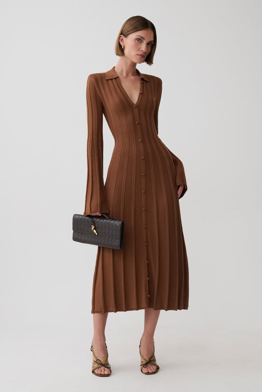 Maddie Long Sleeve Knit Midi Dress - Mocha