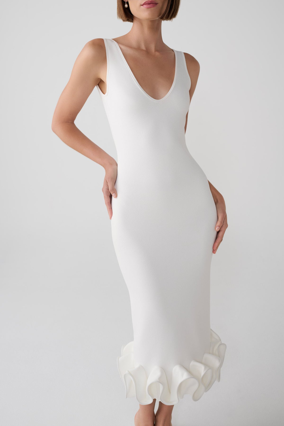 Wendy Wire Hem Knit Midi Dress - White