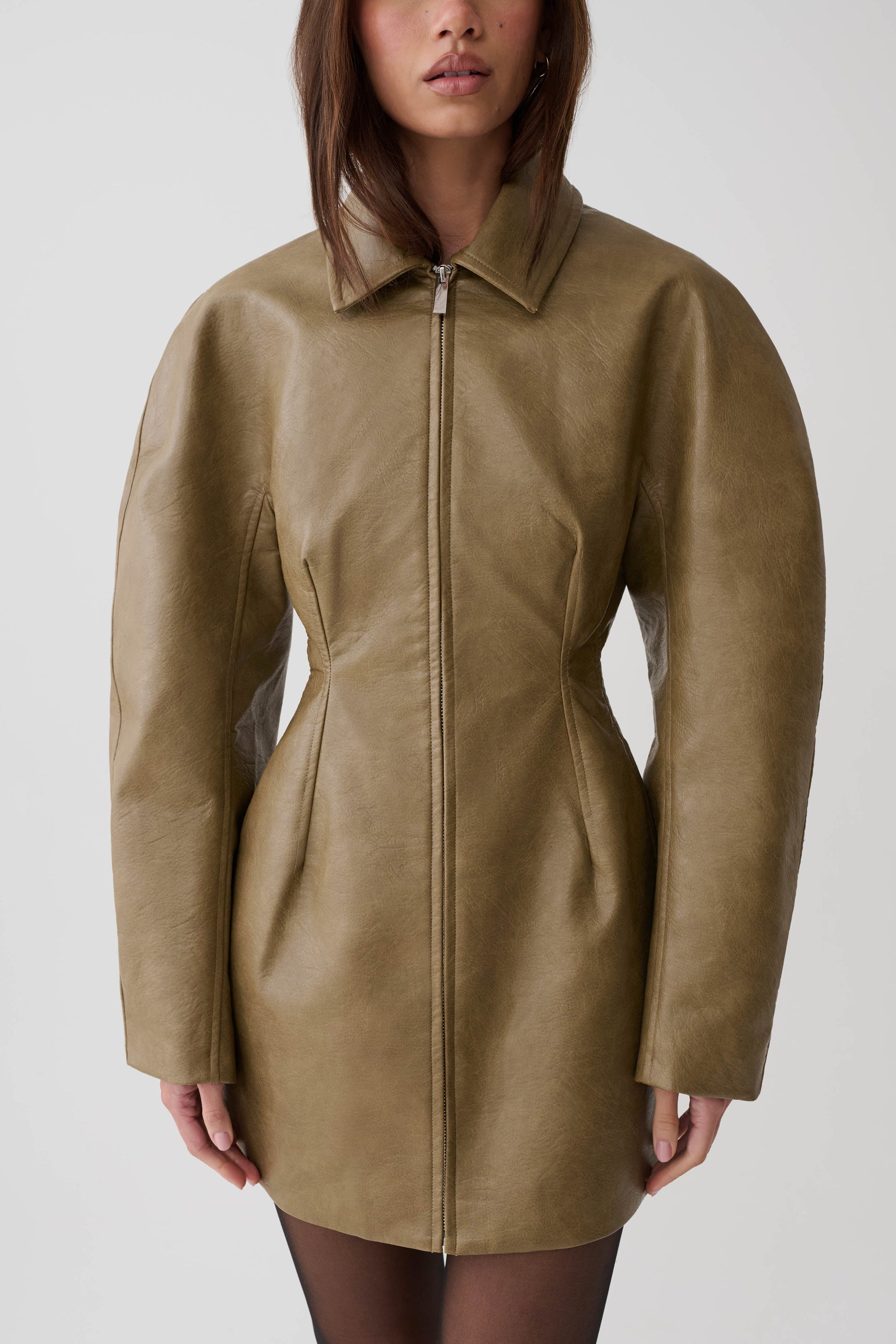 Jordana Faux Leather Mini Dress - Khaki #3