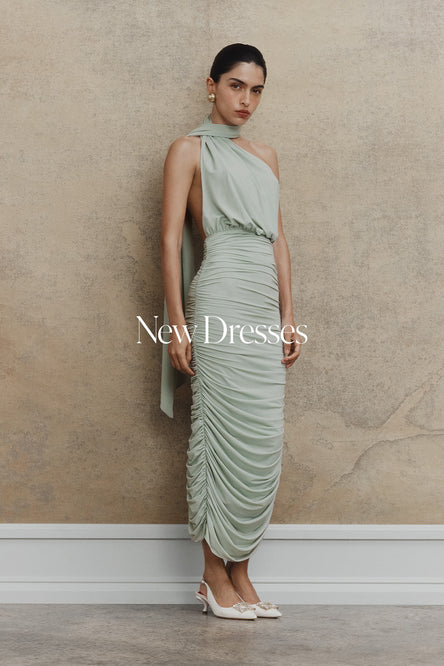 larissa satin maxi dress with ruched petals lemon Larissa Satin Maxi Dress With Ruched Petals - Frosted Blue