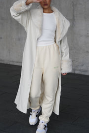 Rebekah Oversized Pu Trench Coat With Fur Trim - Bone