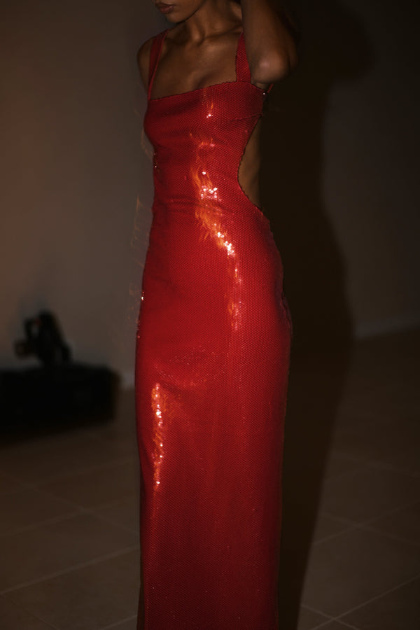 Adoria Sequin Cut Out Maxi Dress - Red