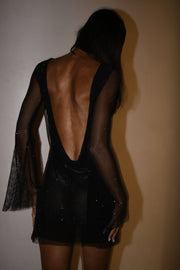 Samira Flare Sleeve Diamante Mesh Mini Dress - Black