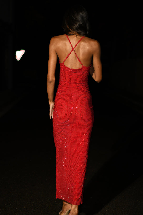 Emeraude Diamante Ruched Midi Dress - Vermilion Red