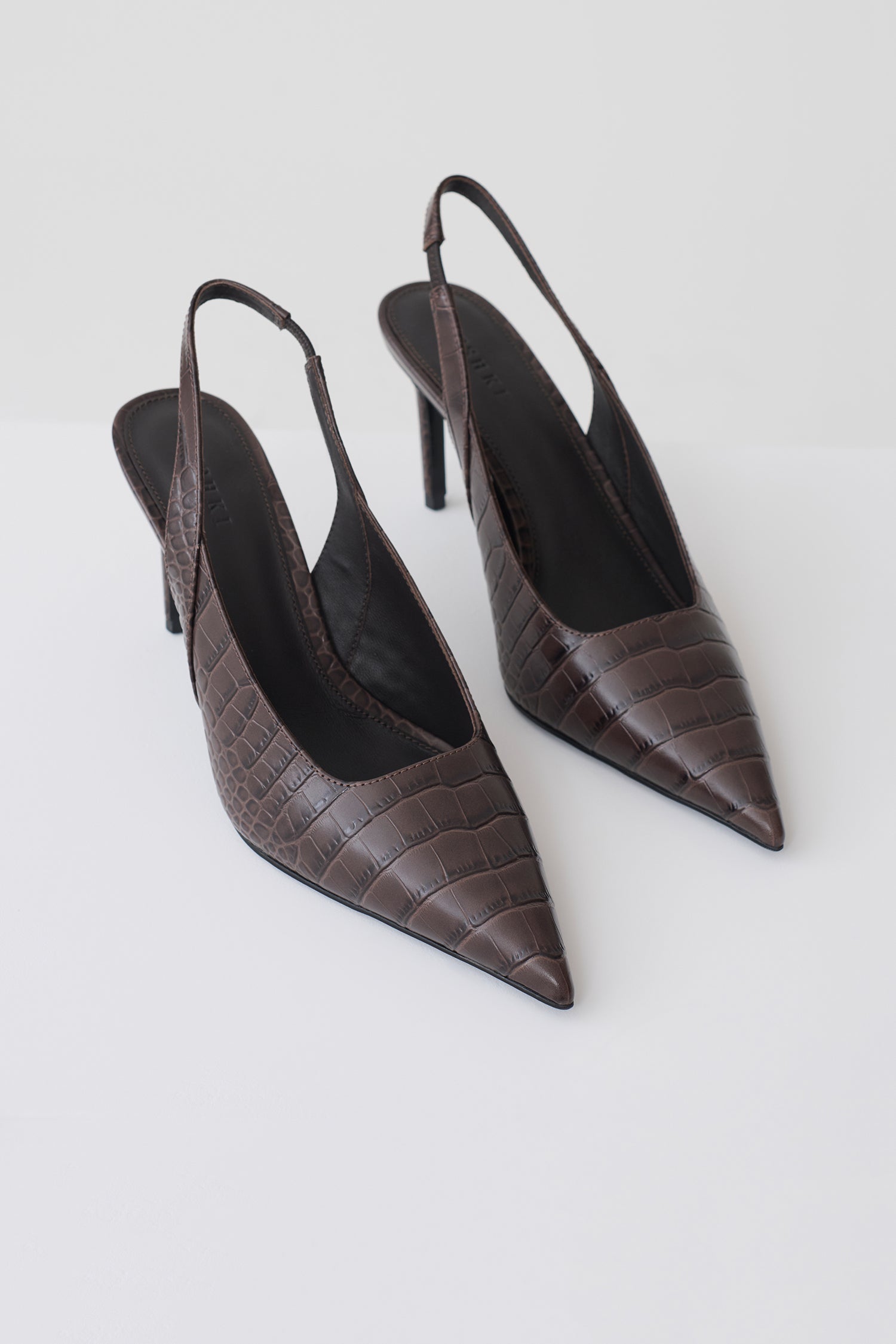 Samar Pointed Sling Back Heels - Chocolate Croc | MESHKI US