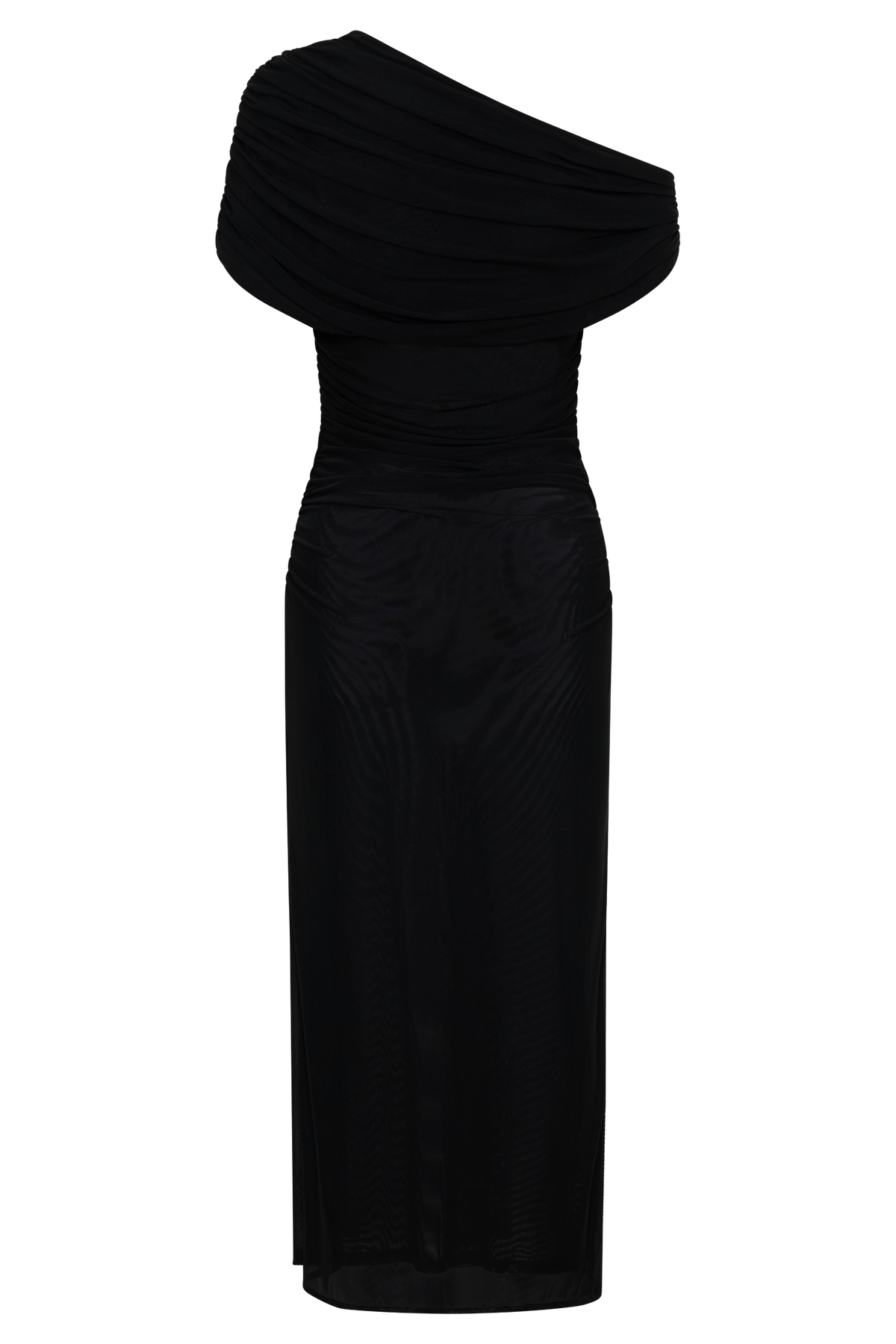 Adalina Fluid Loose Neck Jersey Mesh Midi Dress - Black