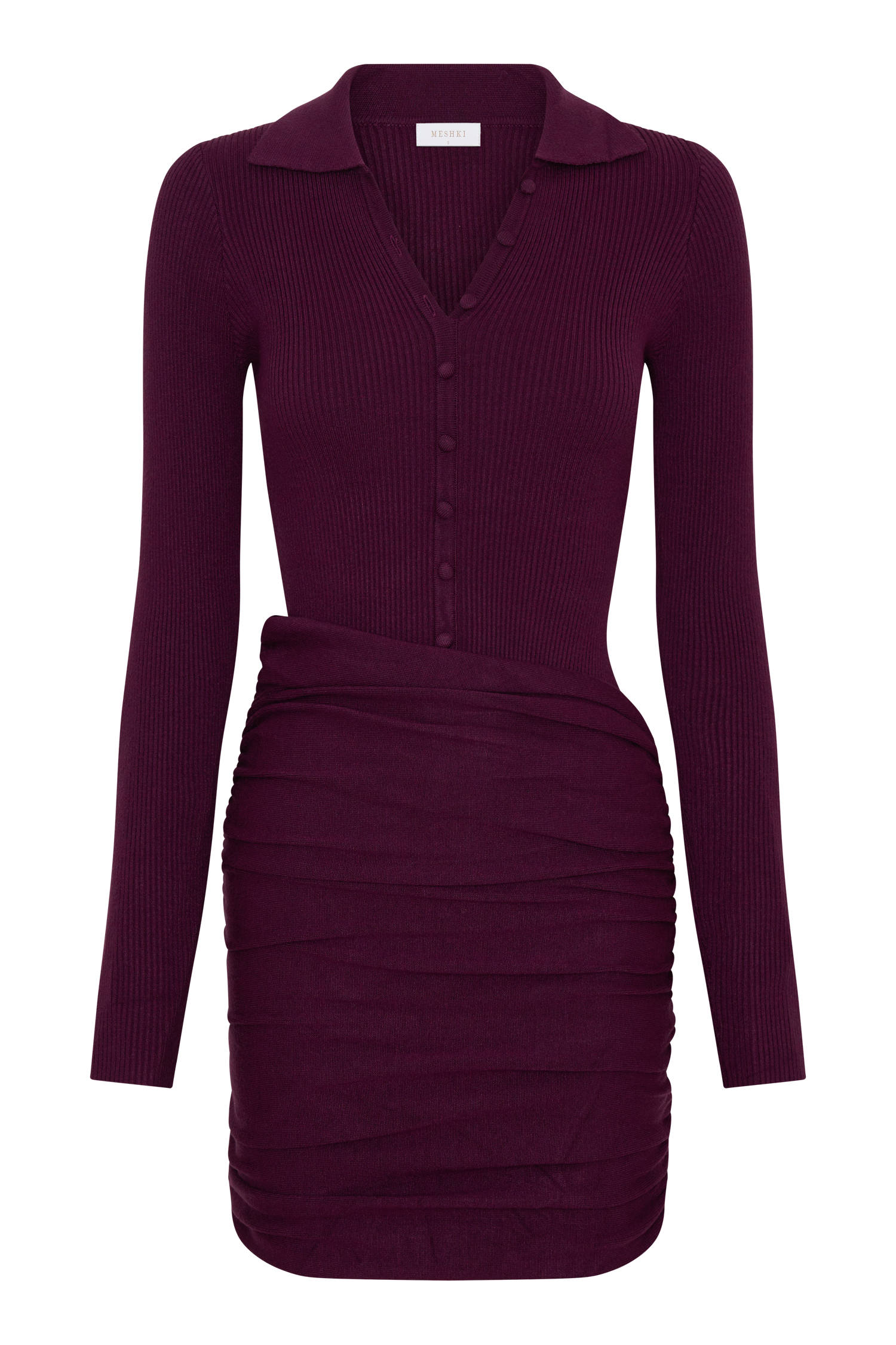 Agness Long Sleeve Button Up Knit Dress - Plum | MESHKI US Agness Long Sleeve Button Up Knit Dress - Plum | MESHKI US