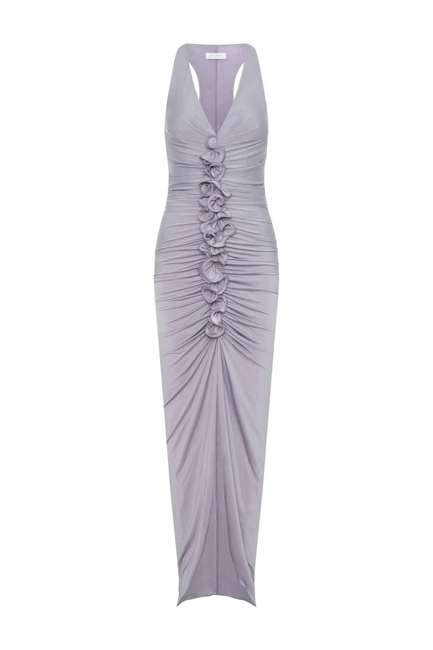 french grey nichelle knit maxi dress Alessandra Slinky Ruffle Maxi Dress - Grey