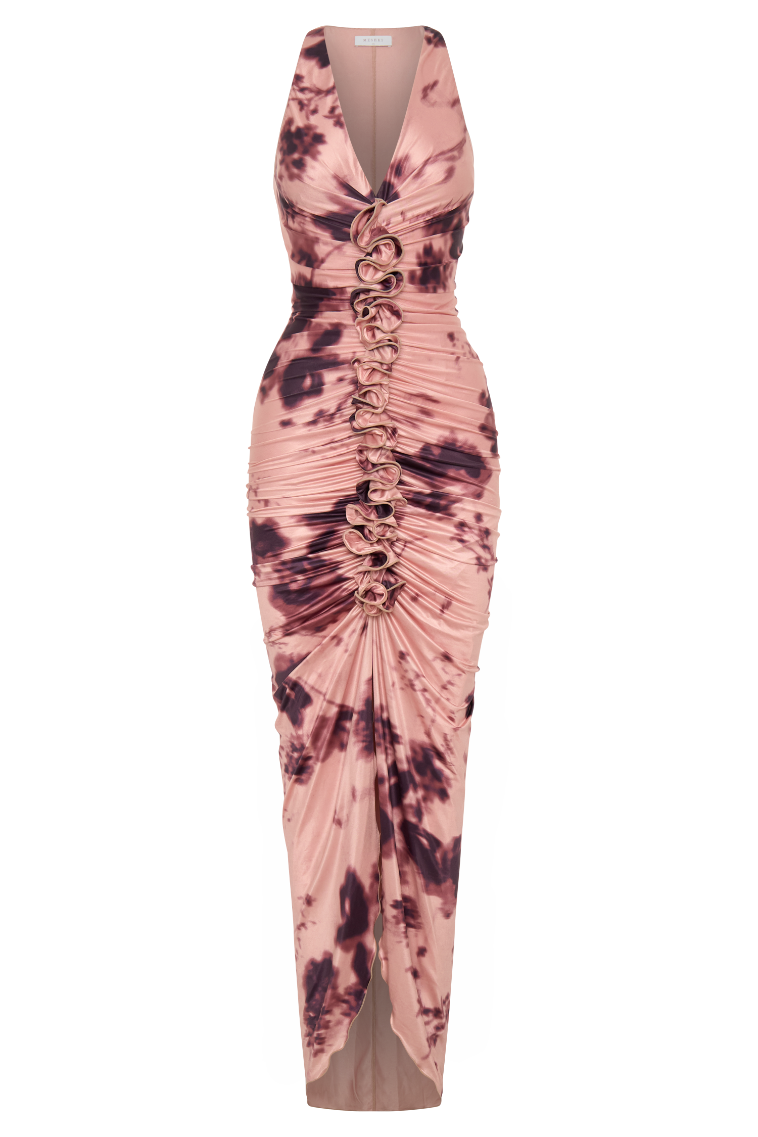 Alessandra Slinky Ruffle Maxi Dress / Pink Blurred Floral Print | Meshki | 3XL Alessandra Slinky Ruffle Maxi Dress / Pink Blurred Floral Print | Meshki | 3XL