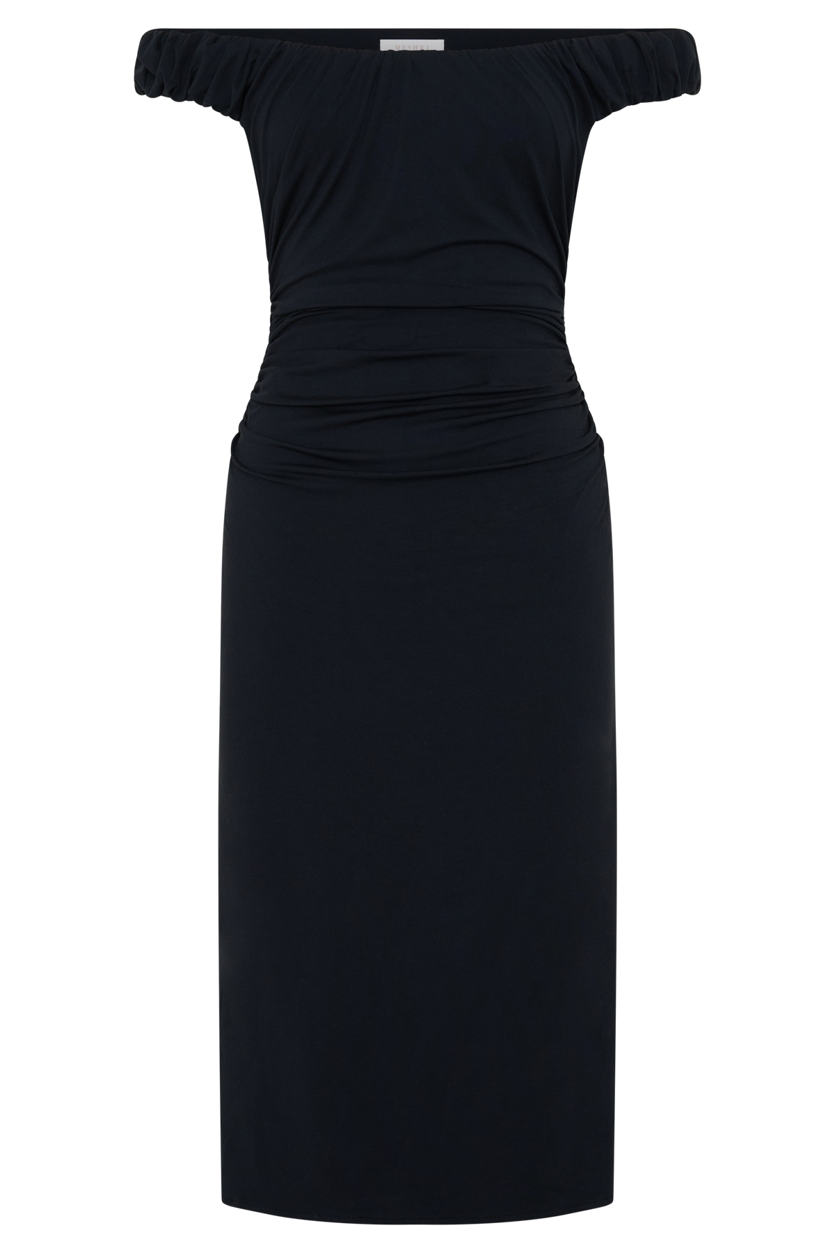 black off the shoulder knee length dress Alize Cupro / | MESHKI Black velvet dress
