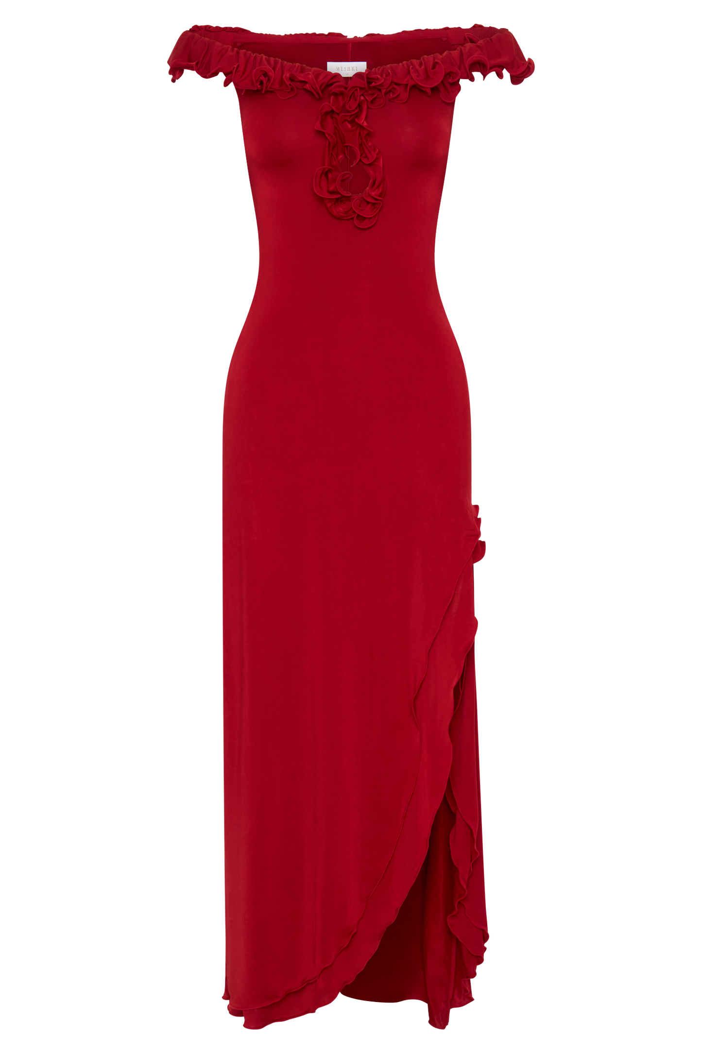 Allegra Off Shoulder Ruffle Midi Dress - Ruby
