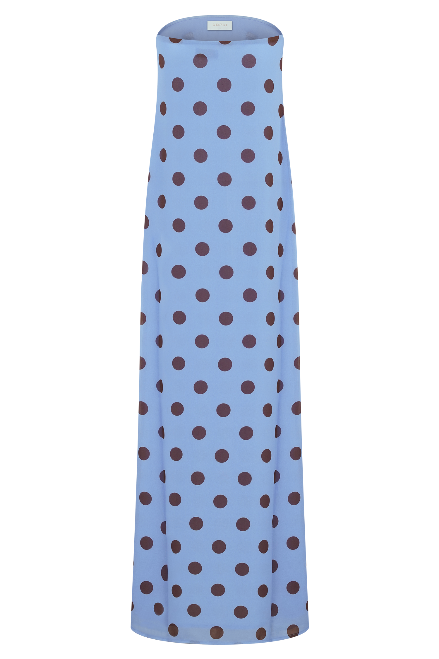 Amaya Strapless Chiffon Maxi Dress - Blue Polka Dot | MESHKI US Amaya Strapless Chiffon Maxi Dress - Blue Polka Dot | MESHKI US
