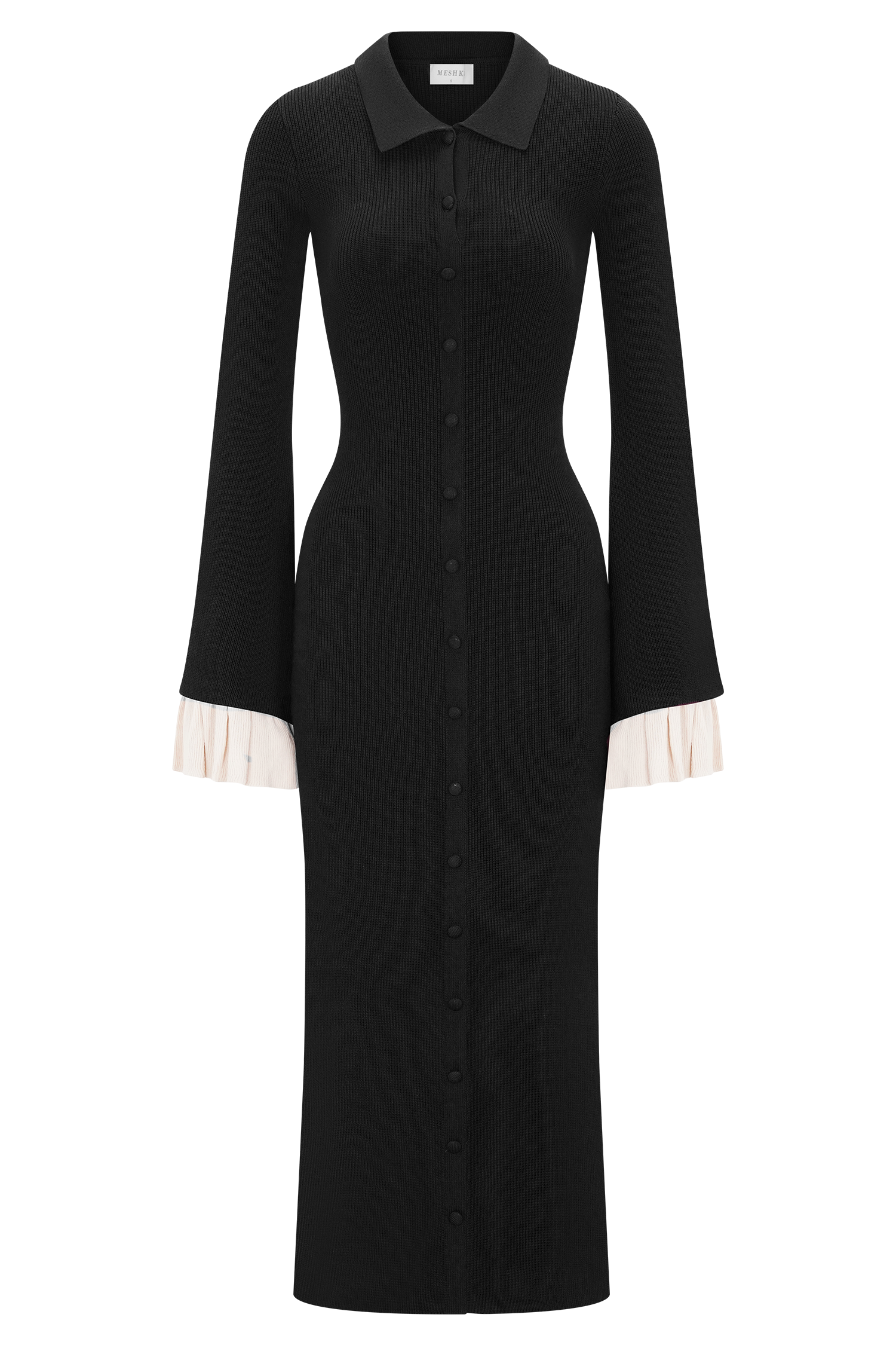 Amirose Ruffle Knit Midi Dress - Black | MESHKI US Amirose Ruffle Knit Midi Dress - Black | MESHKI US