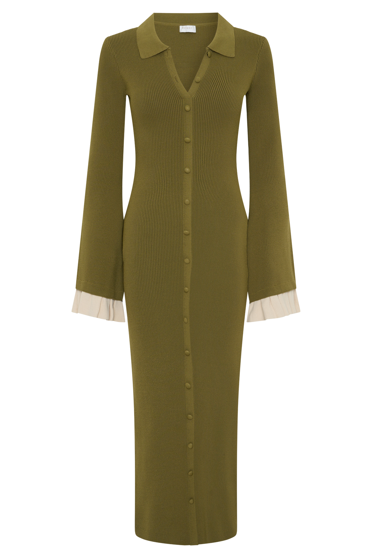 Amirose Ruffle Knit Midi Dress - Olive #8