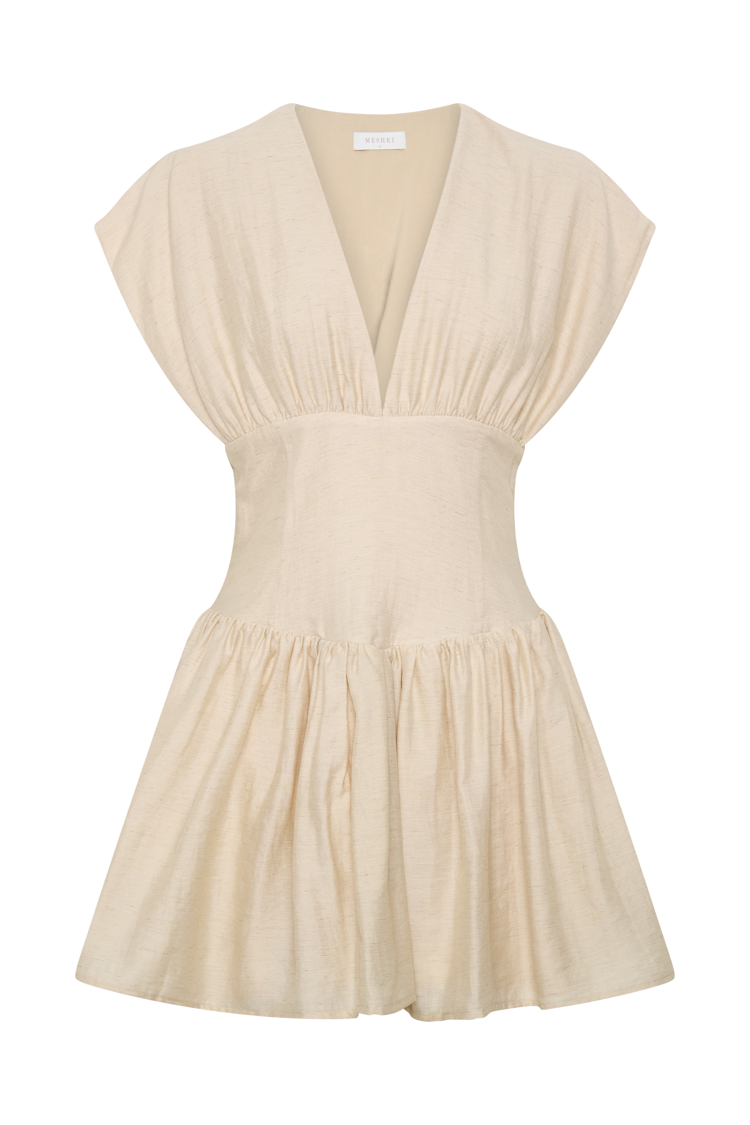 Arabella Cinched Waist Linen Mini Dress - Natural | MESHKI US Arabella Cinched Waist Linen Mini Dress - Natural | MESHKI US
