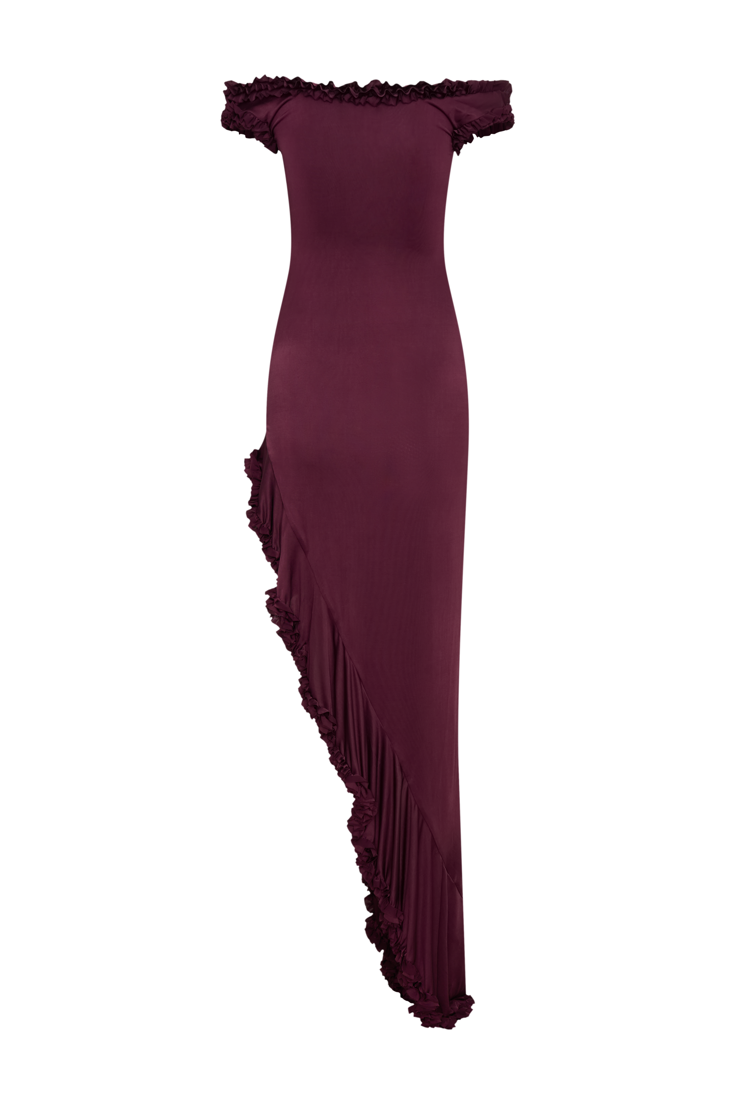 Arielle Off Shoulder Ruffle Midi Dress / Plum | Meshki