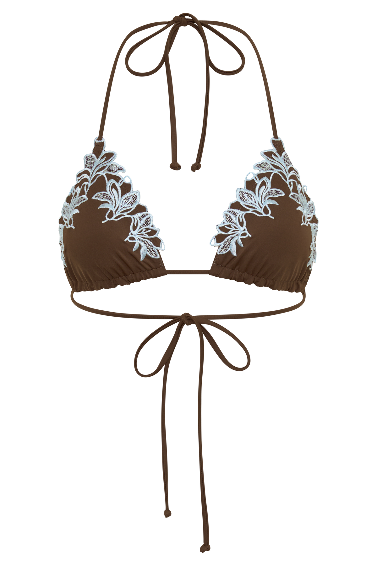 Bloom Embroidered Triangle Bikini Top - Chocolate With Pale Blue Embroidery #13