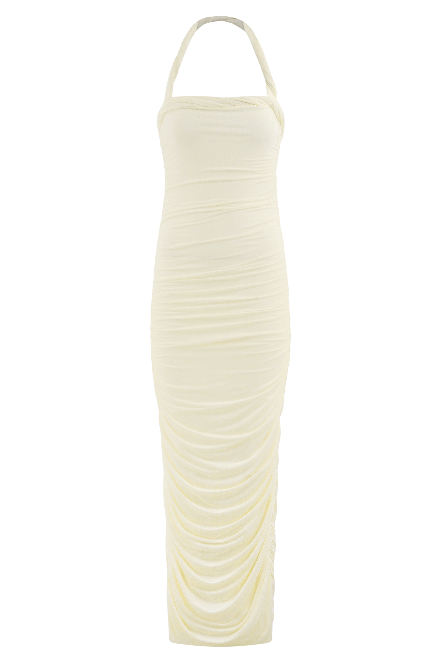 Camila Ruched Halter Midi Dress - Ivory | MESHKI US Camila Ruched Halter Midi Dress - Ivory | MESHKI US