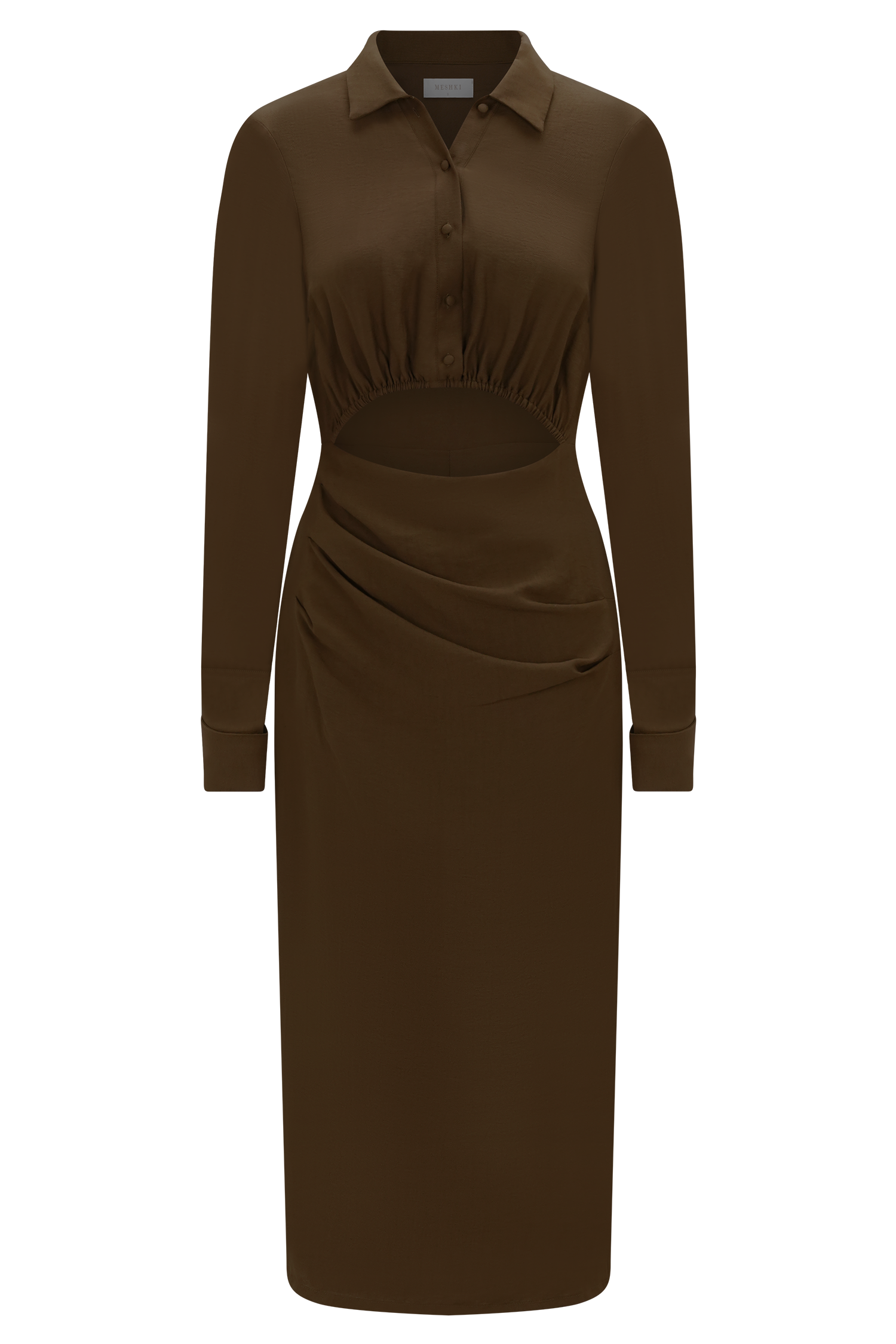 Cecilie Cut Out Shirt Midi Dress - Dark Chocolate | MESHKI US Cecilie Cut Out Shirt Midi Dress - Dark Chocolate | MESHKI US