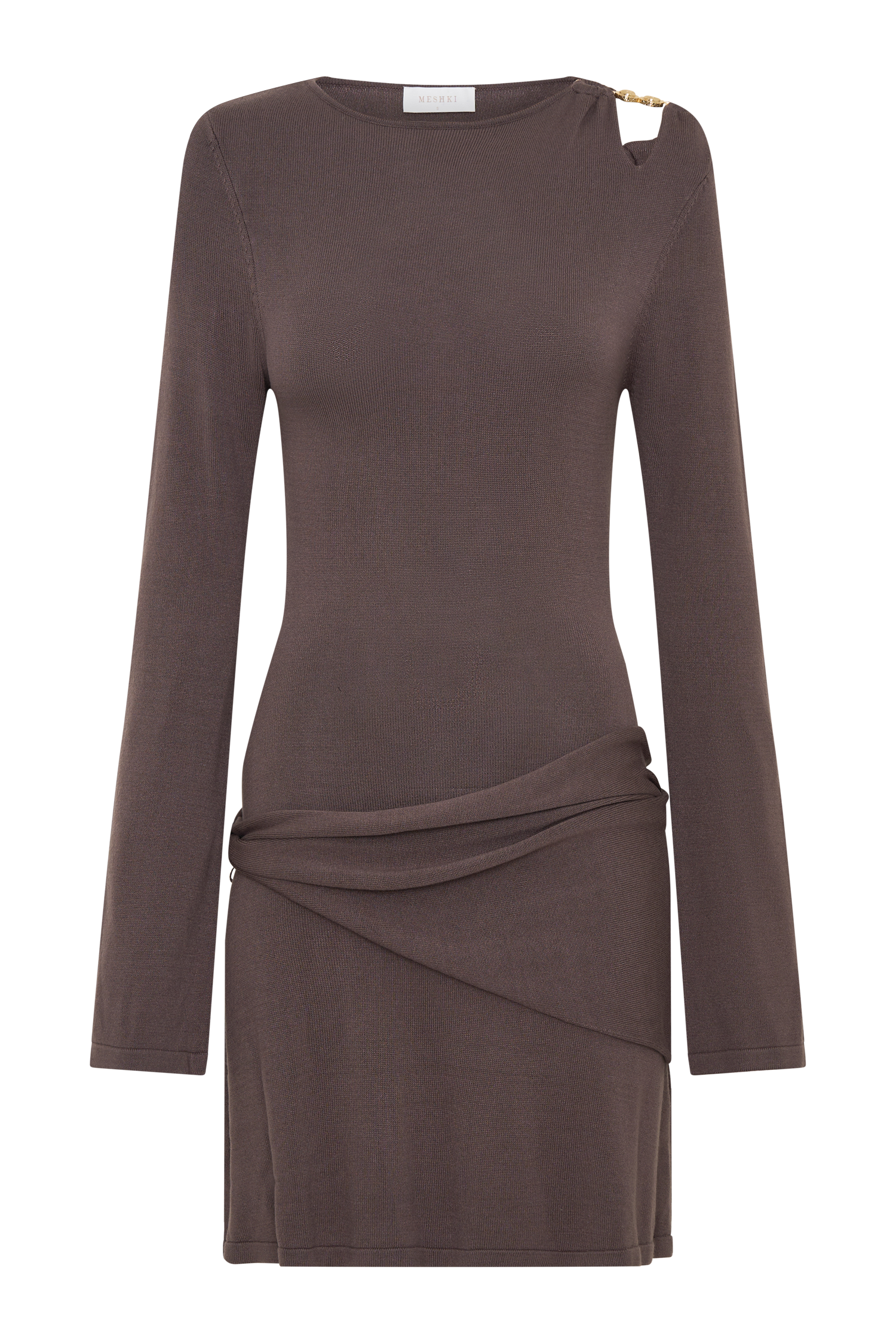 Cresida Knit Long Sleeve Mini Dress With Hardware - Peppercorn | MESHKI US Cresida Knit Long Sleeve Mini Dress With Hardware - Peppercorn | MESHKI US