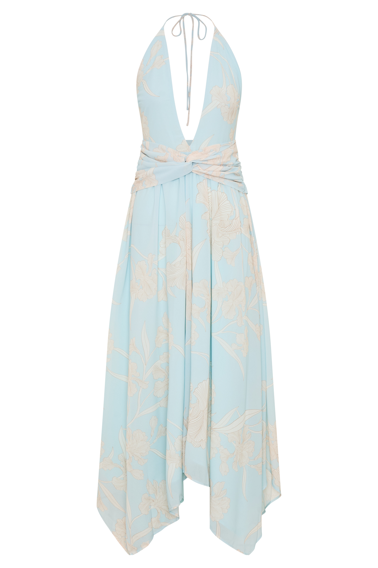 Cyra Plunge Chiffon Midi Dress / Blue Floral Print | MESHKI