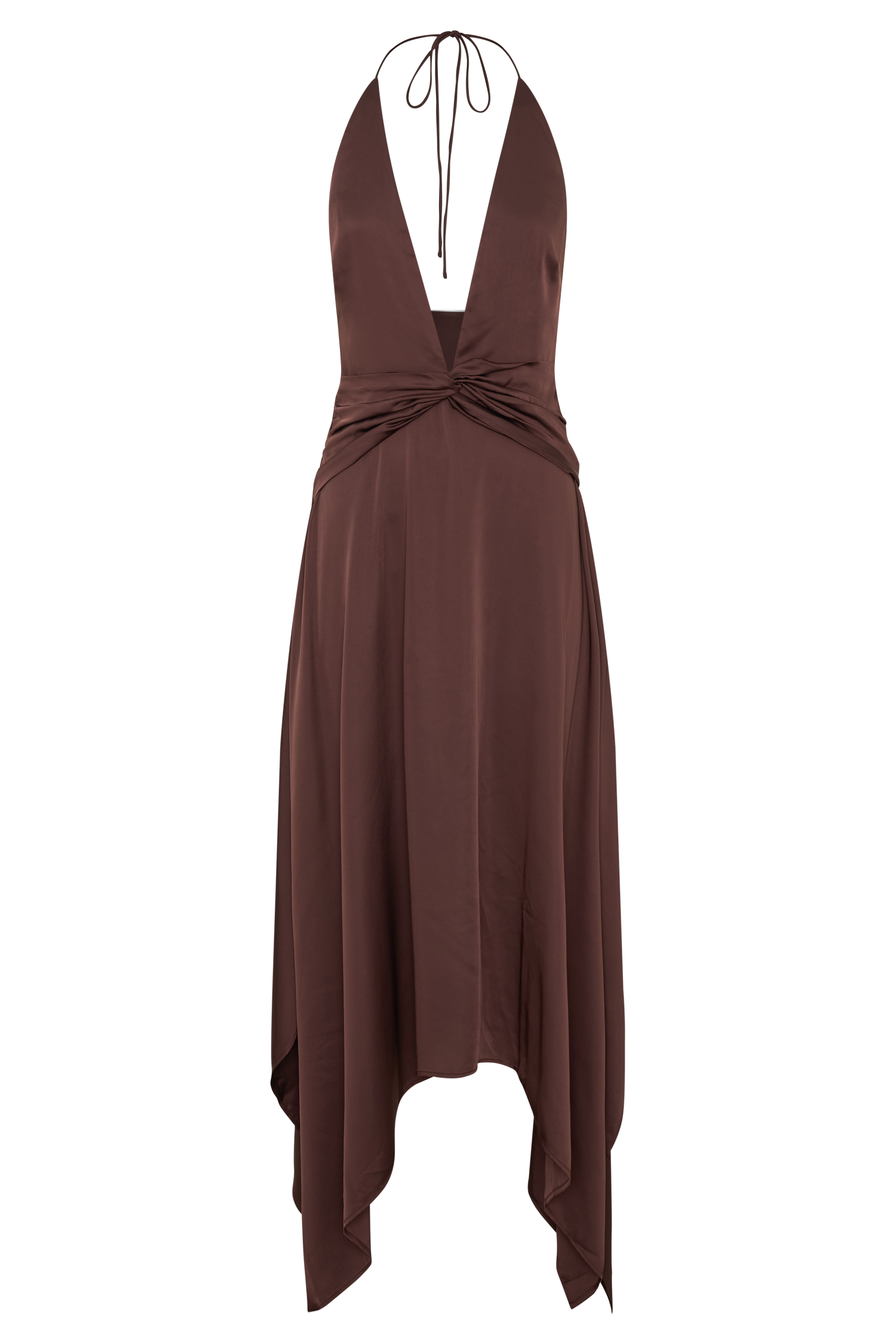 Cyra Plunge Satin Midi Dress - Dark Chocolate | MESHKI US Cyra Plunge Satin Midi Dress - Dark Chocolate | MESHKI US