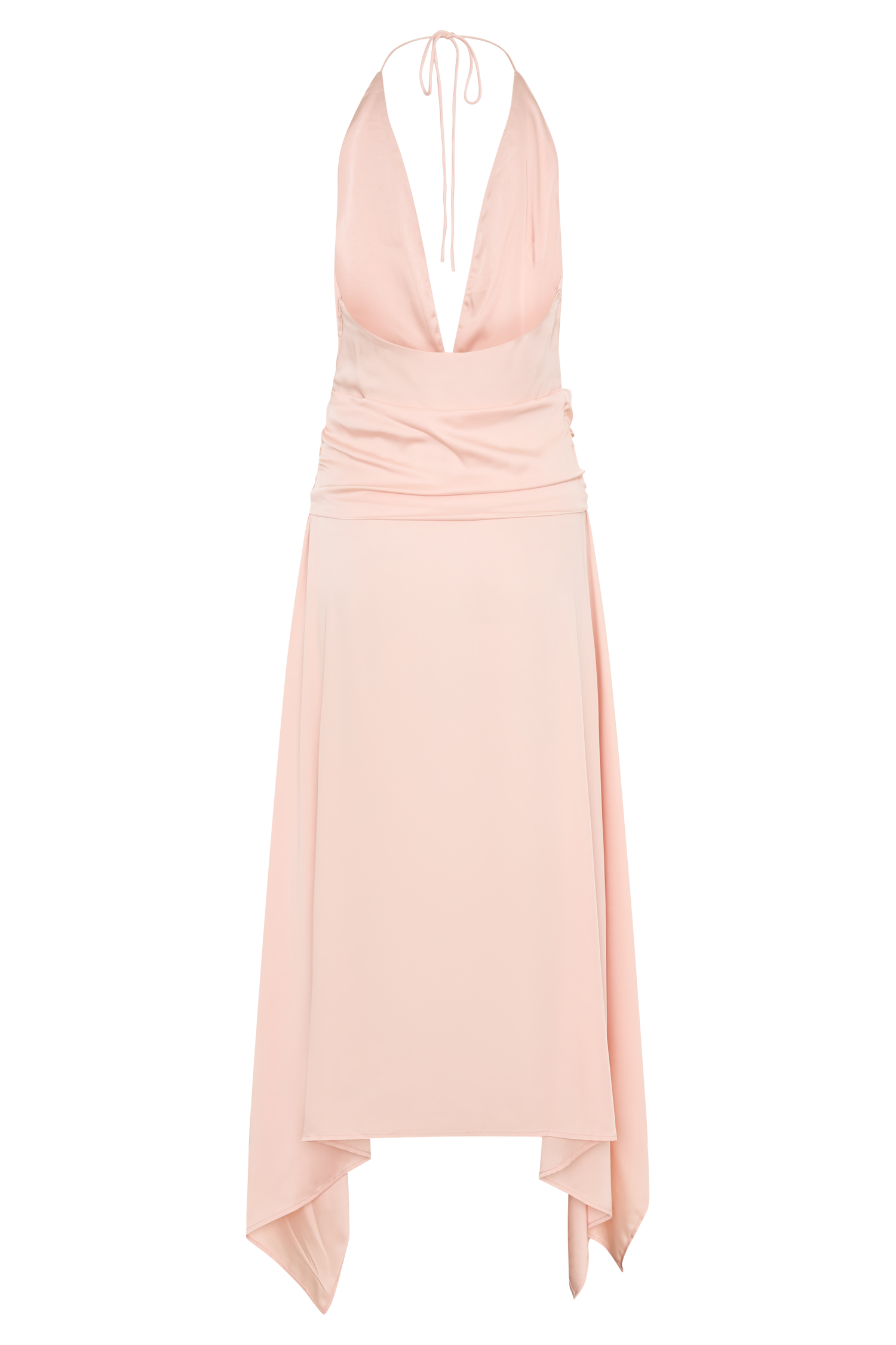 Cyra Plunge Satin Midi Dress - Peach | MESHKI US Cyra Plunge Satin Midi Dress - Peach | MESHKI US