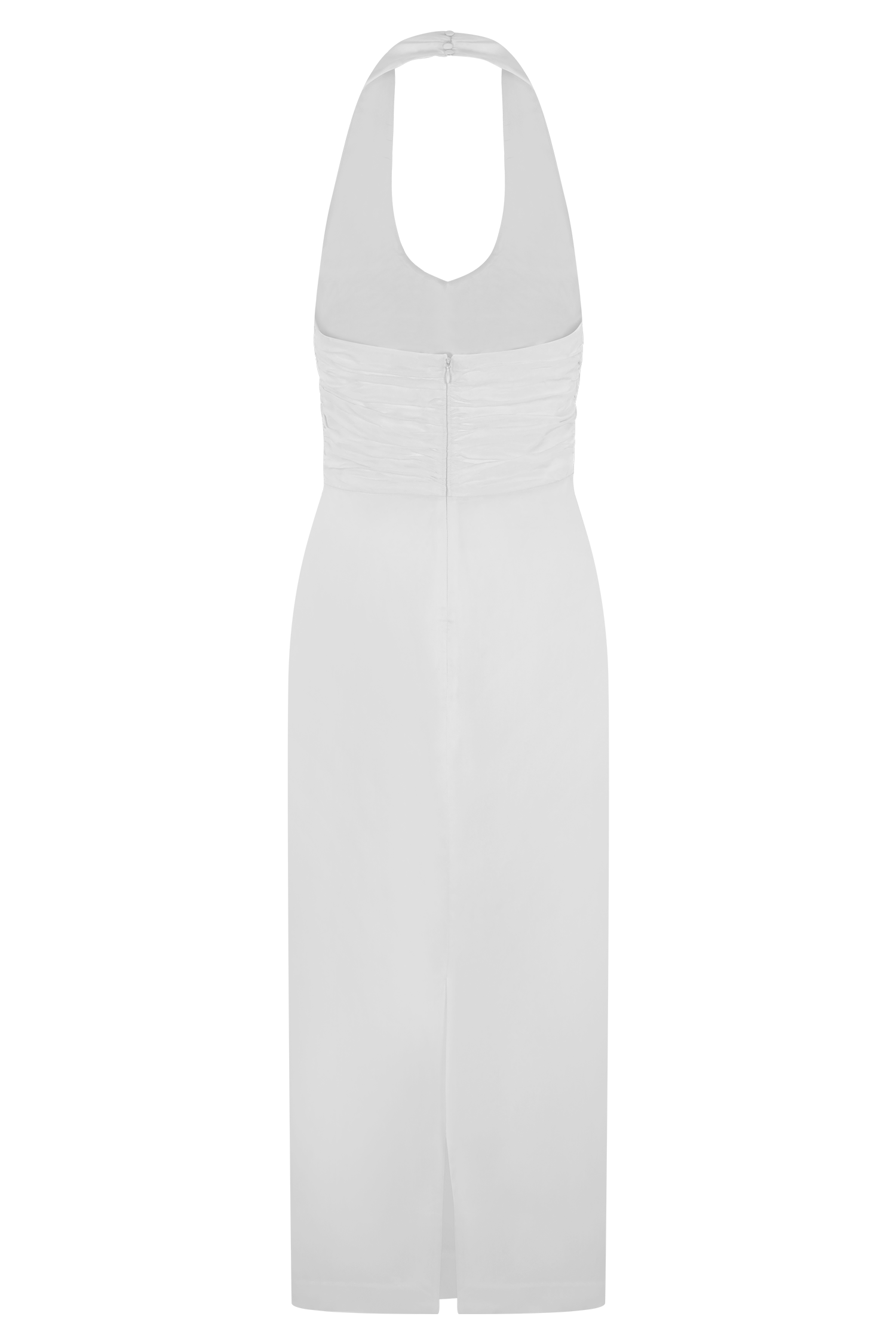 Daniela Ruched Halter Midi Dress - White | MESHKI US Daniela Ruched Halter Midi Dress - White | MESHKI US