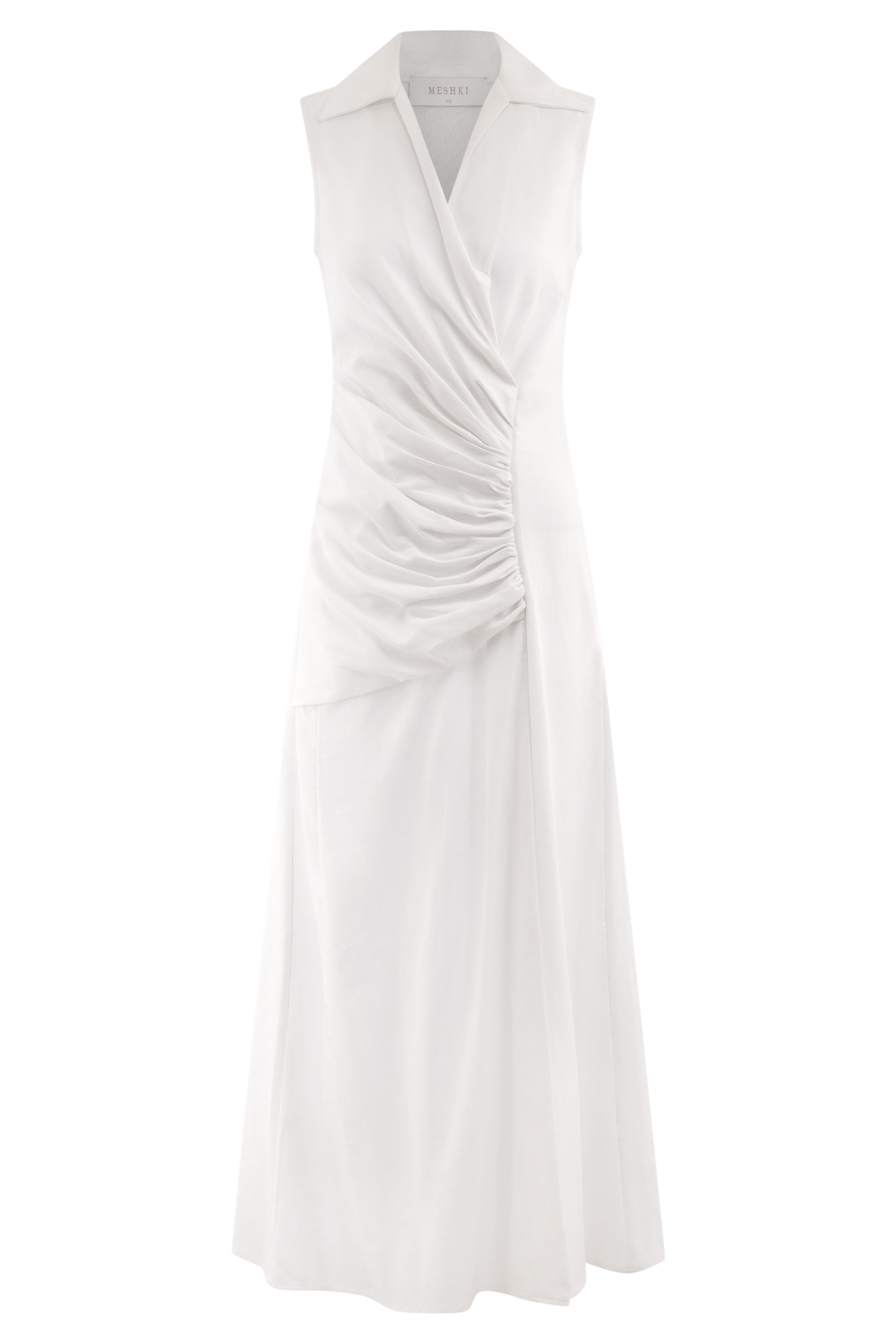 Dante Ruched Linen Midi Dress - White | MESHKI US Dante Ruched Linen Midi Dress - White | MESHKI US