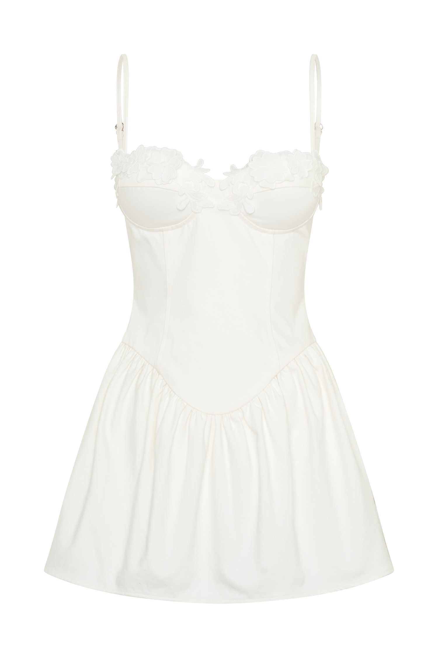 white dress with denim trim Emary Applique Bustier Mini - Style:N86G4102 Crochet White Dresses | 2% Elastane. Noel Baby Photoshoot