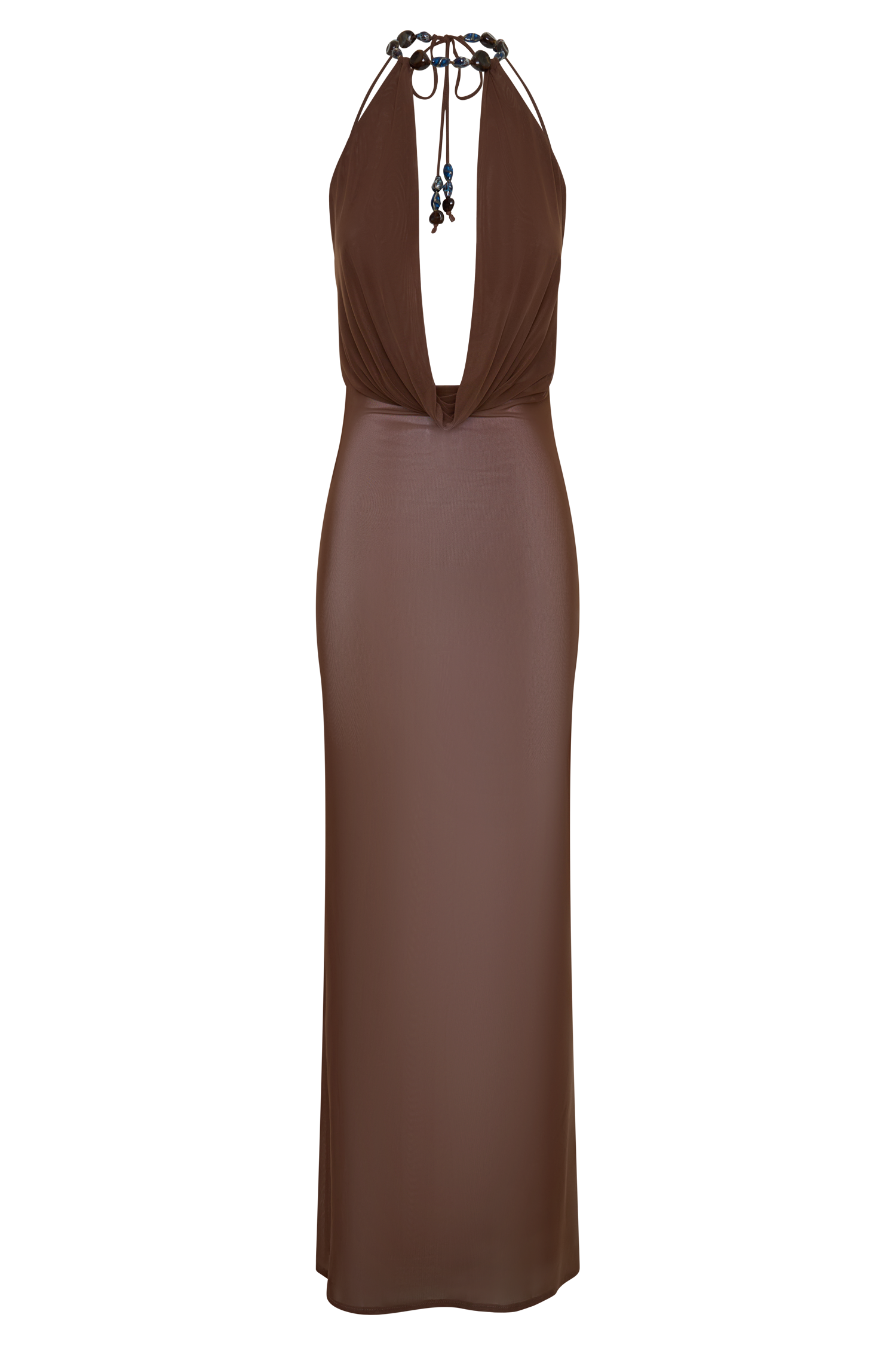 Ethal Mesh Cowl Neck Beaded Maxi Dress - Chocolate #9