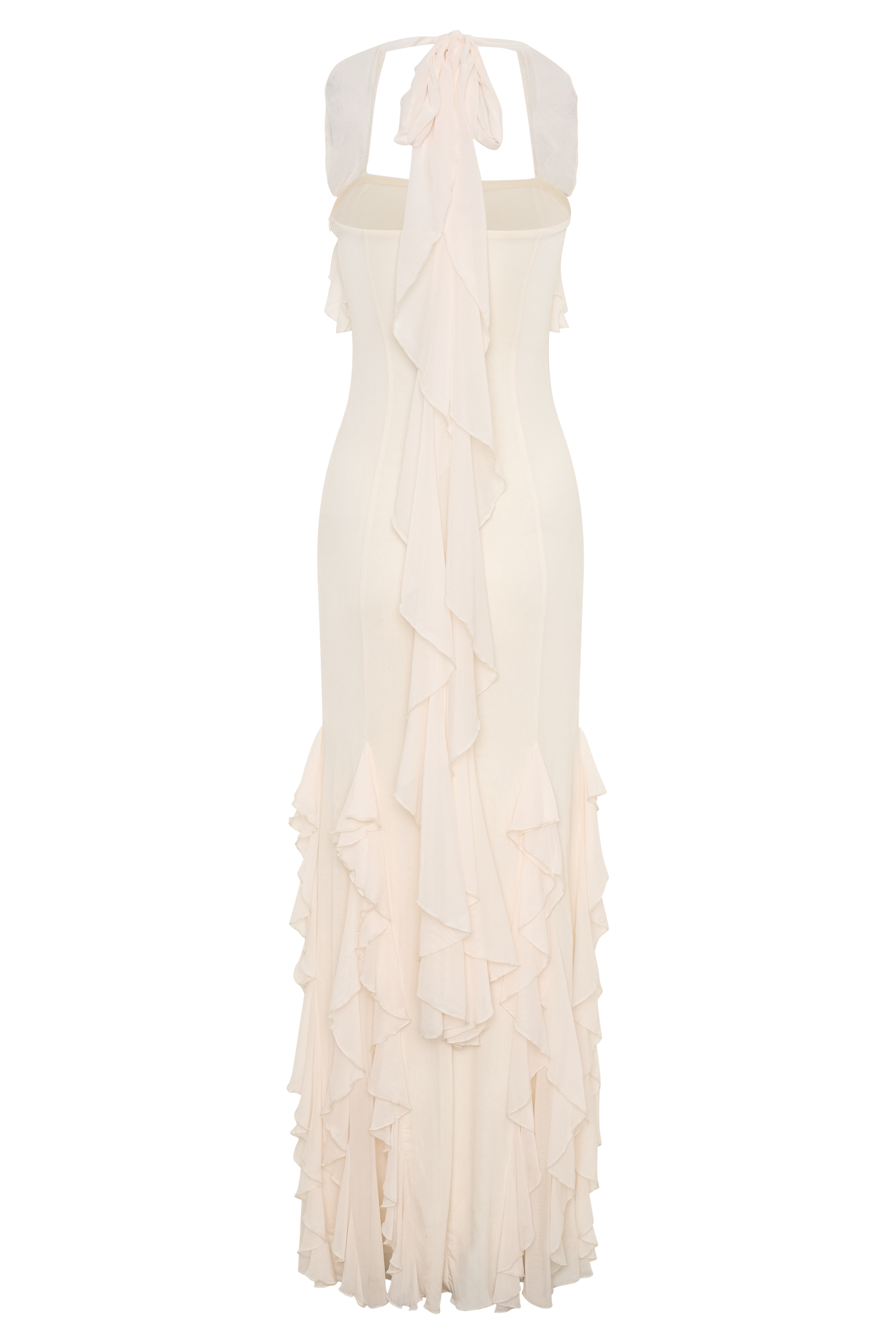 Etta Ruffle Slinky Maxi Dress - Ivory | MESHKI US Etta Ruffle Slinky Maxi Dress - Ivory | MESHKI US