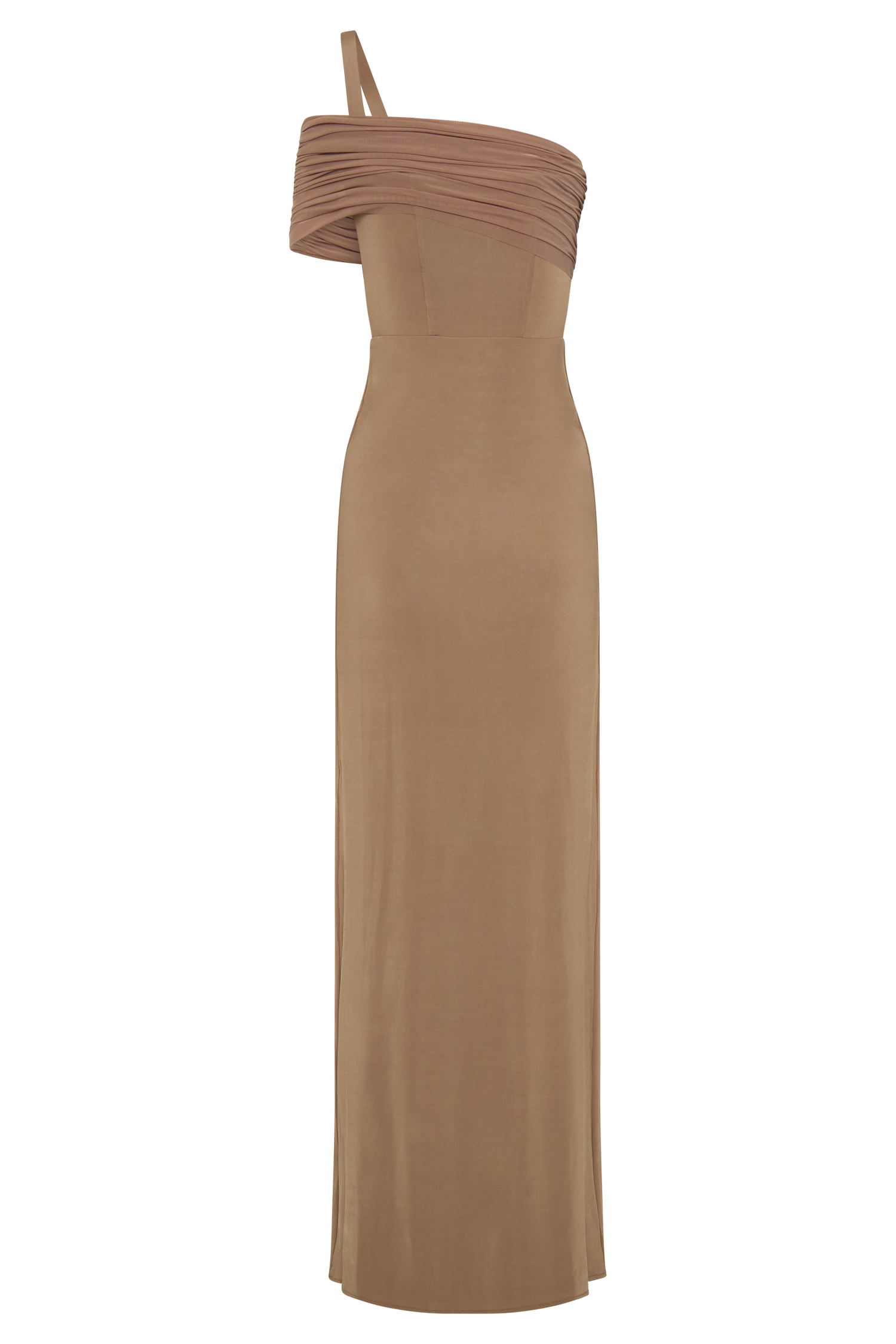 tan maxi dress Hanh One Shoulder Mesh Maxi Dress - Tan