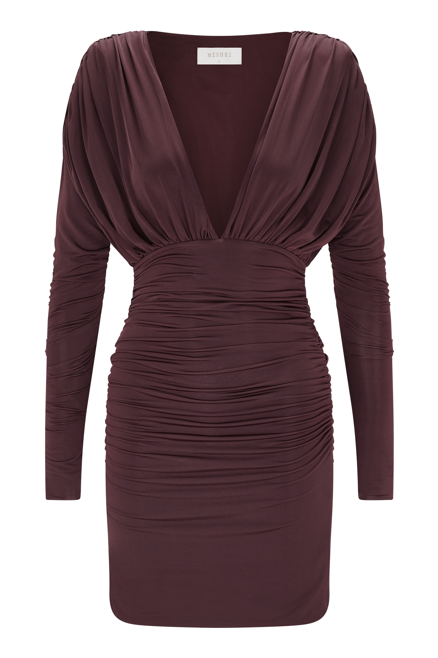 Hayden Long Sleeve Plunge Mini Dress - Burgundy | MESHKI US Hayden Long Sleeve Plunge Mini Dress - Burgundy | MESHKI US