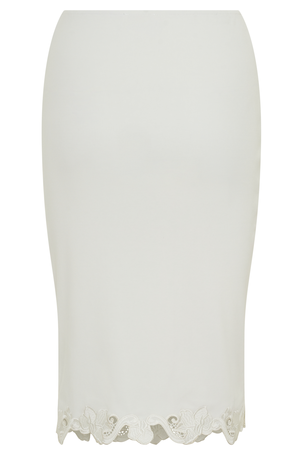 A woman modeling a white three-quarter sleeve top with scalloped eyelet trim at the neckline and hem paired with a matching midi skirt set against a plain light gray studio background.