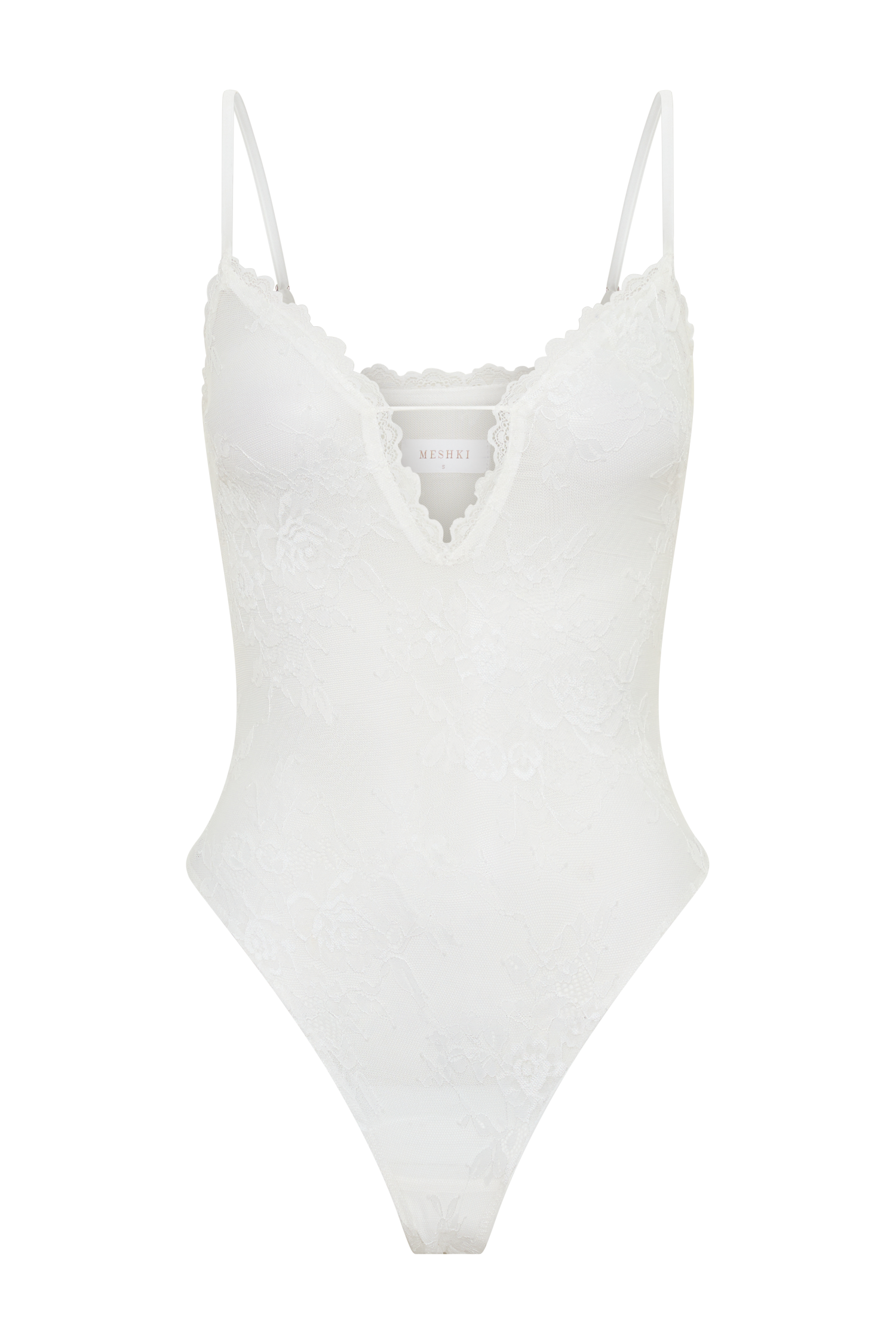 Jasper Sheer Plunge Lace Bodysuit - Ivory | MESHKI US