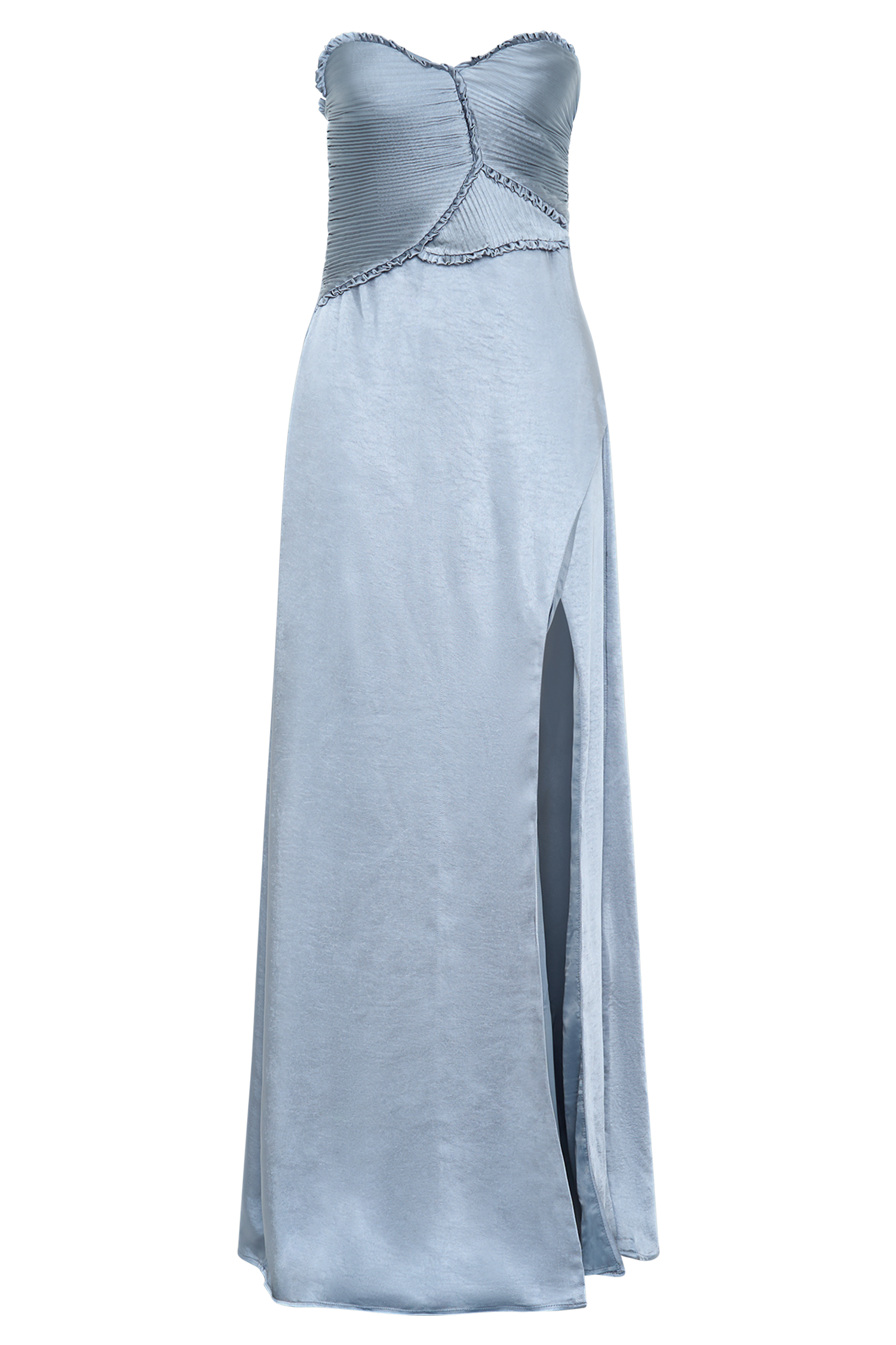 Larissa Satin Maxi Dress with Ruched Petals - Frosted Blue M Larissa Satin Maxi Dress with Ruched Petals - Frosted Blue M