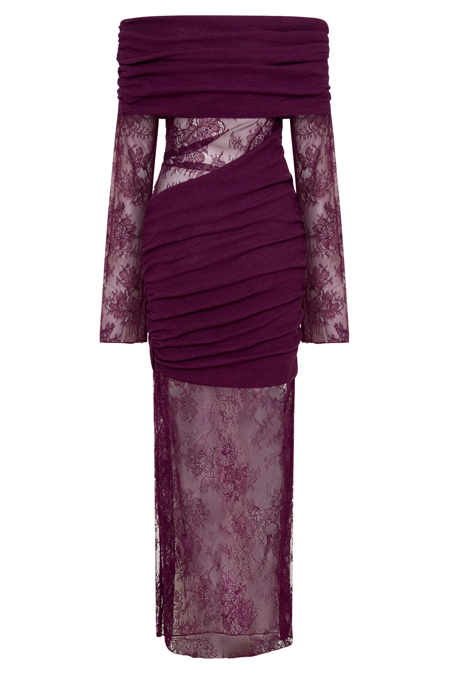 suede draped lace maxi dress in magenta Long Sleeve Crystal Draped Maxi Dress Magenta
