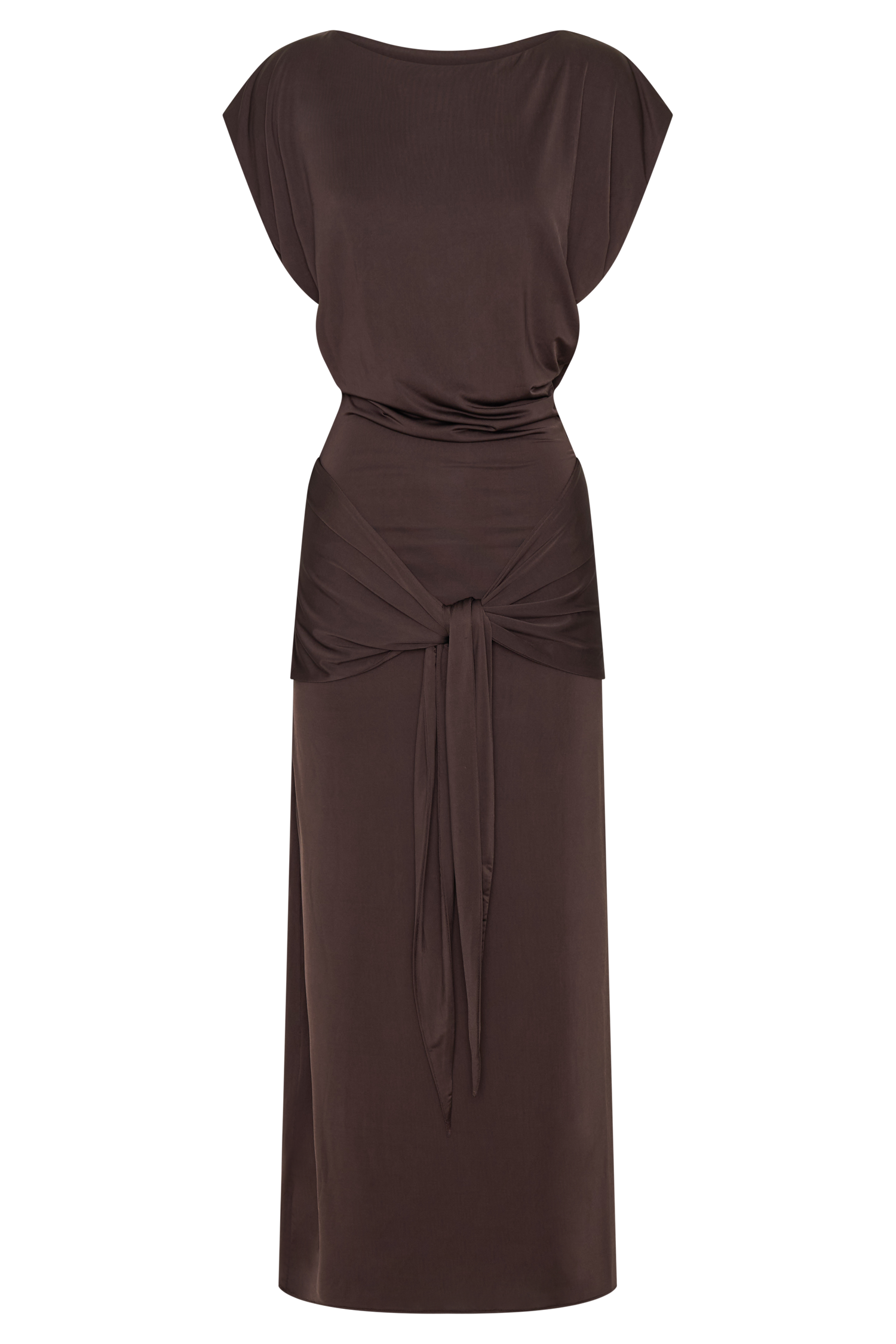 Maiara Shortsleeve Slinky Tie Maxi Dress / Chocolate | MESHKI
