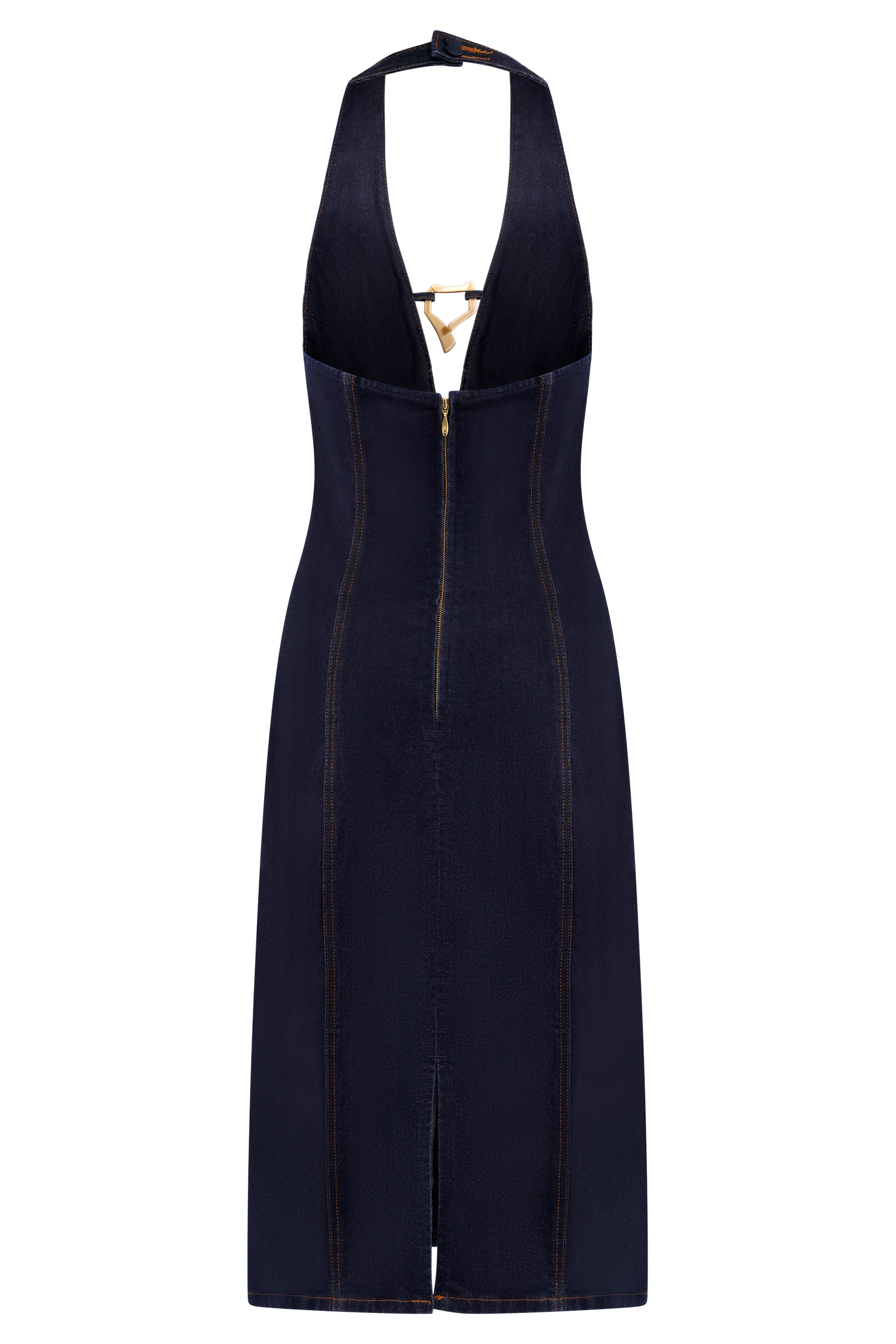 Shauna Denim Halter Midi Dress - Indigo Blue | MESHKI US Shauna Denim Halter Midi Dress - Indigo Blue | MESHKI US