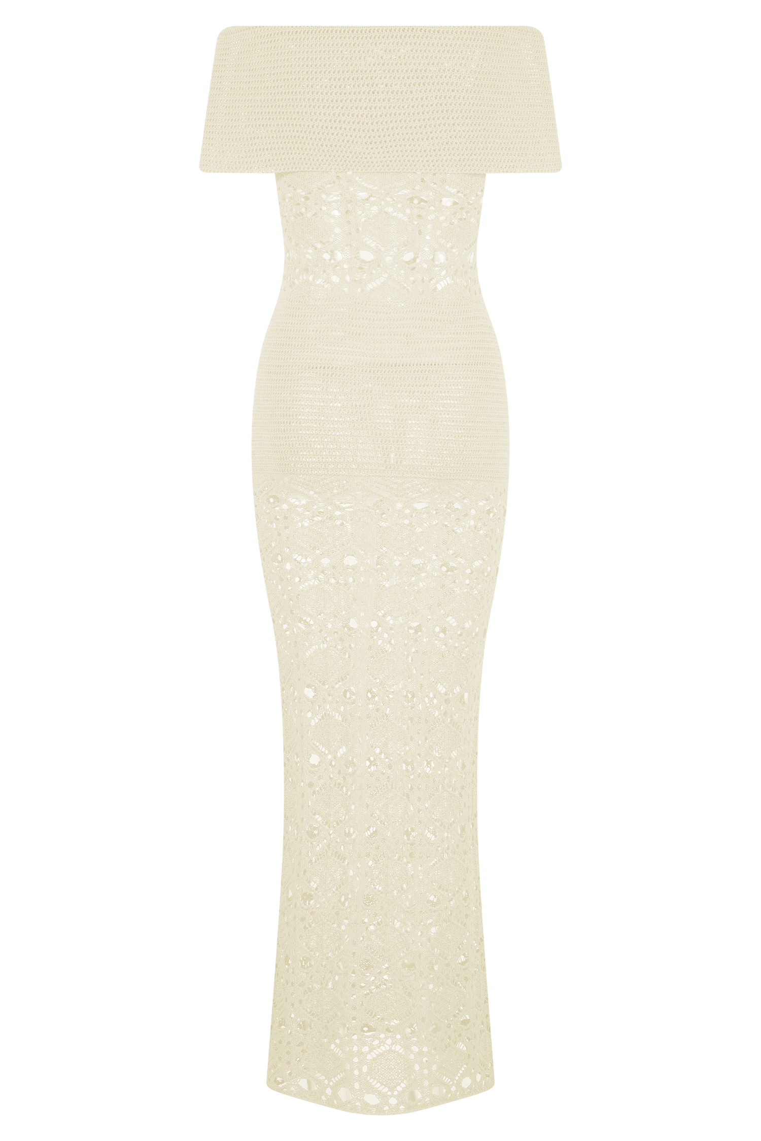 Solstice Off Shoulder Crochet Knit Maxi Dress / Ivory | MESHKI | XXS Solstice Off Shoulder Crochet Knit Maxi Dress / Ivory | MESHKI | XXS