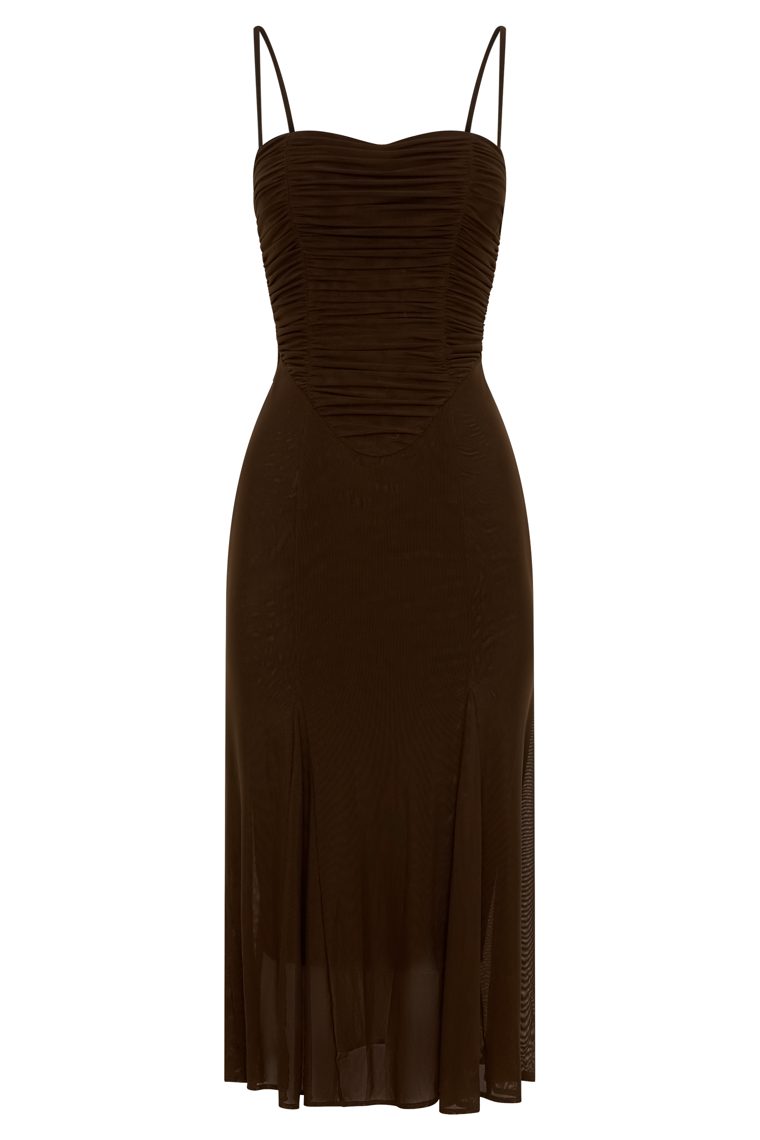 Willa Gathered Mesh Midi Dress - Chocolate | MESHKI US Willa Gathered Mesh Midi Dress - Chocolate | MESHKI US