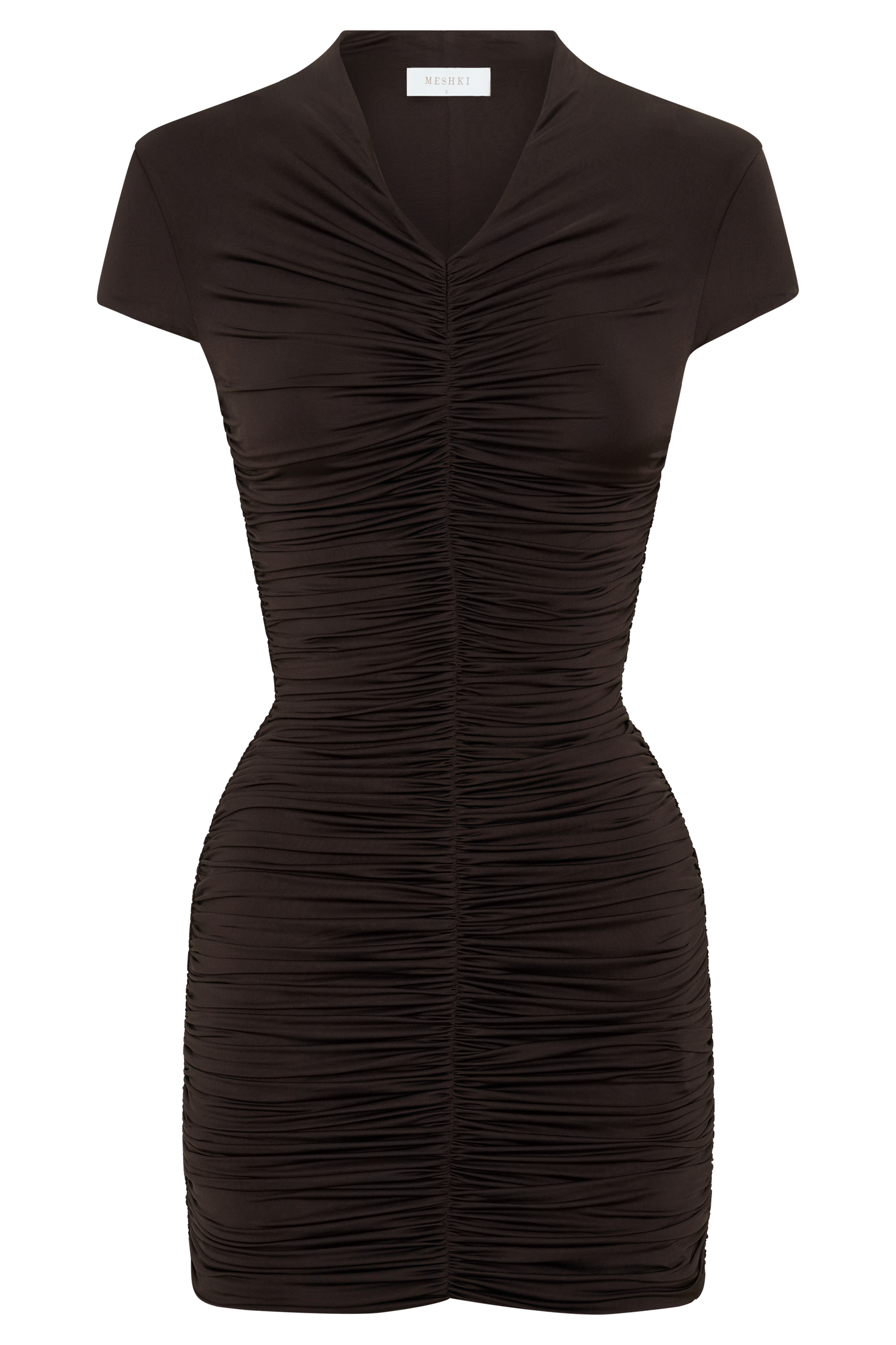 Alphine Gathered Short Sleeve Mini Dress - Chocolate | MESHKI US