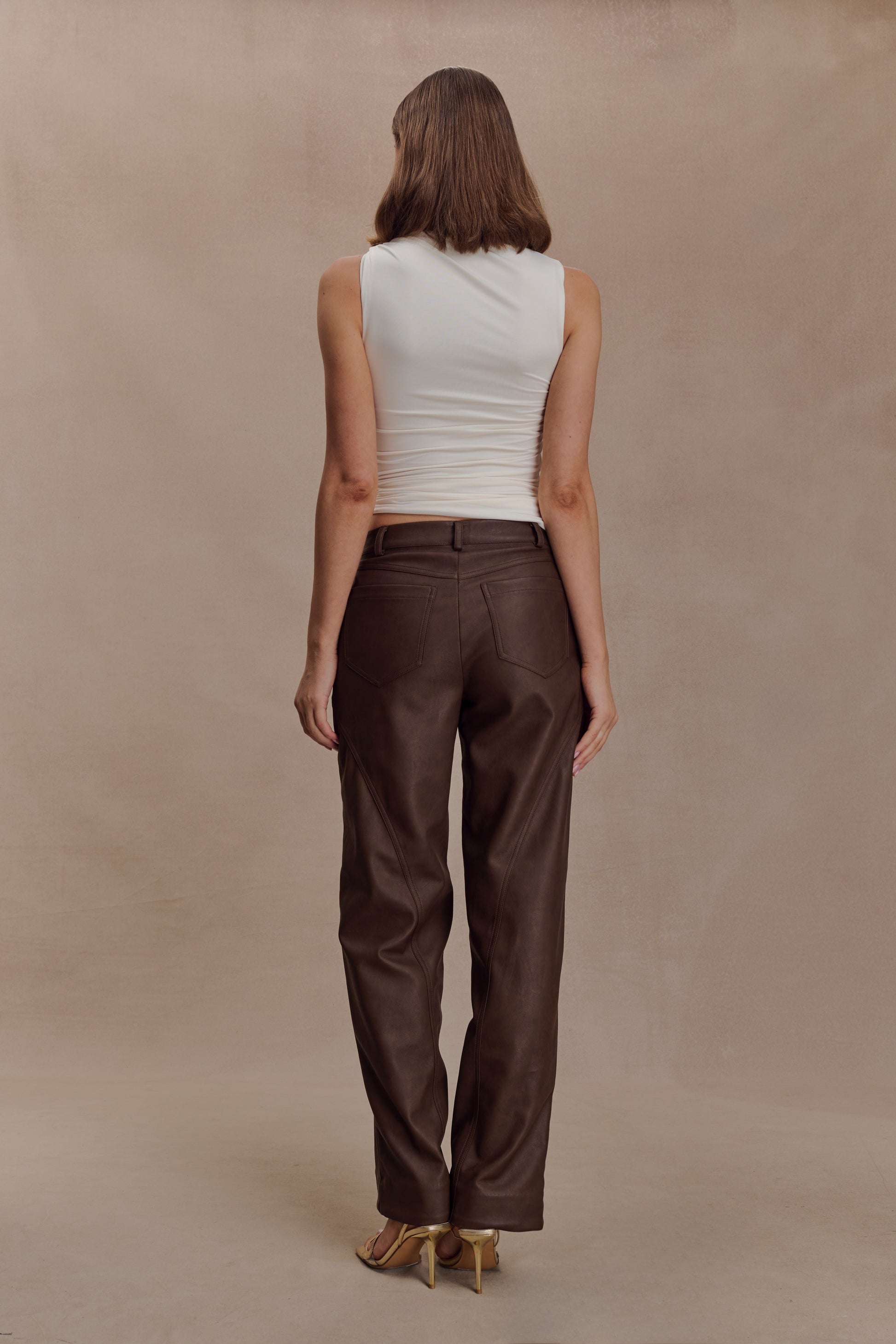 Theo Faux Leather Mid Rise Pants - Dark Chocolate #2