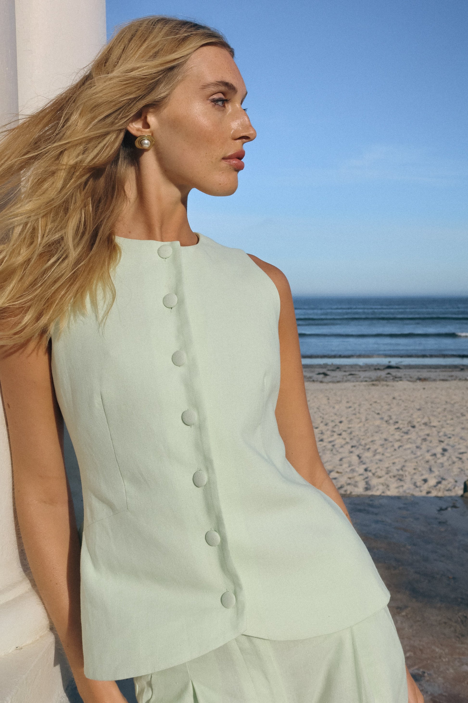Laurence Sleeveless Linen Longline Top - Mint #3